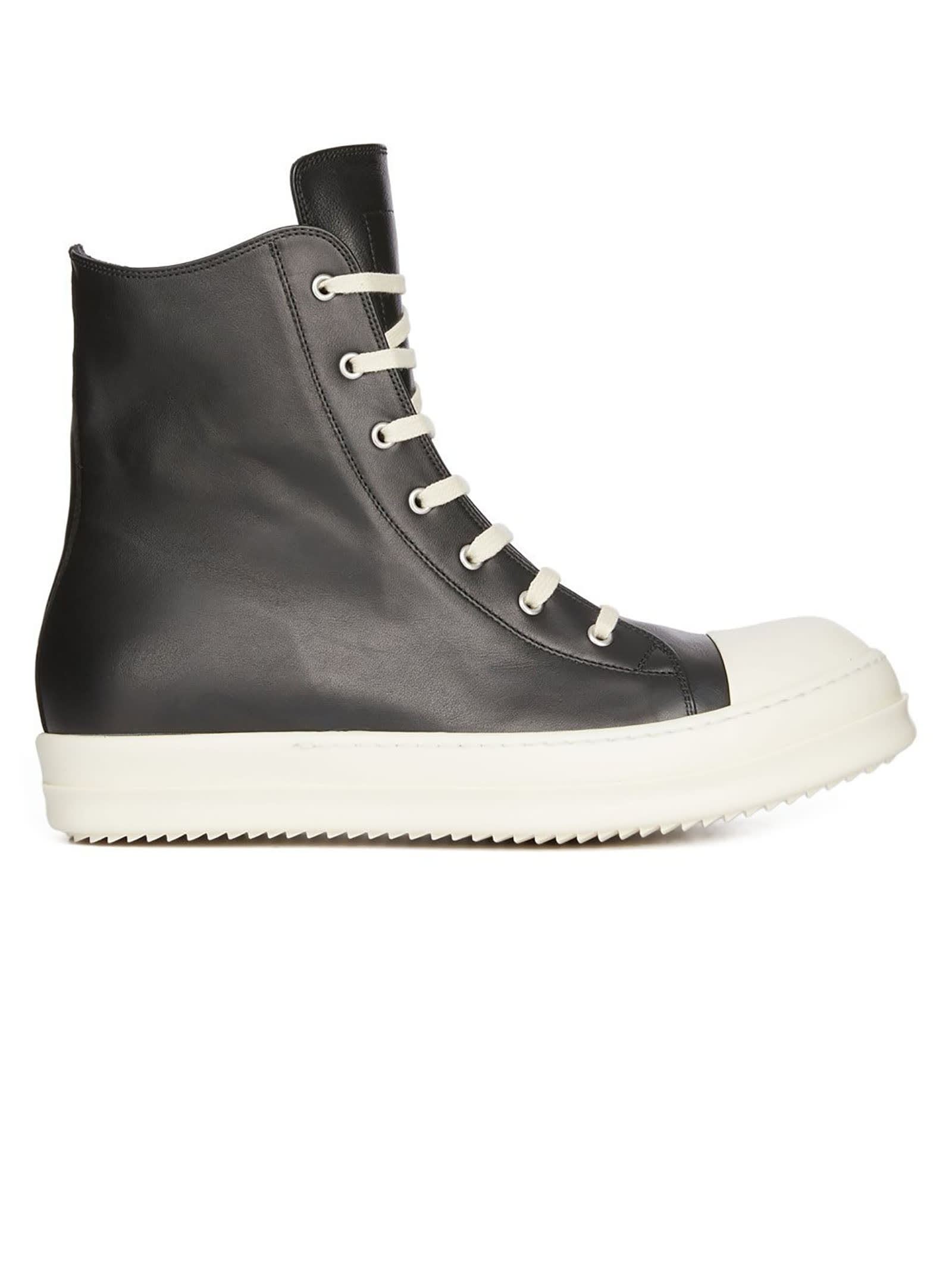 RICK OWENS BLACK CALF LEATHER HIGH-TOP TRAINERS