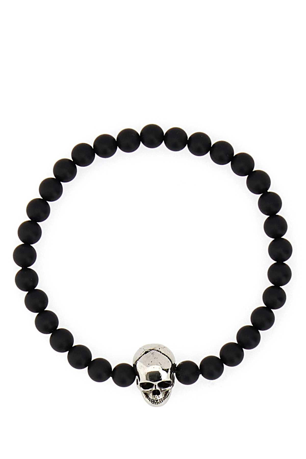 Shop Alexander Mcqueen Black Beads Skull Bracelet In Blackasilver