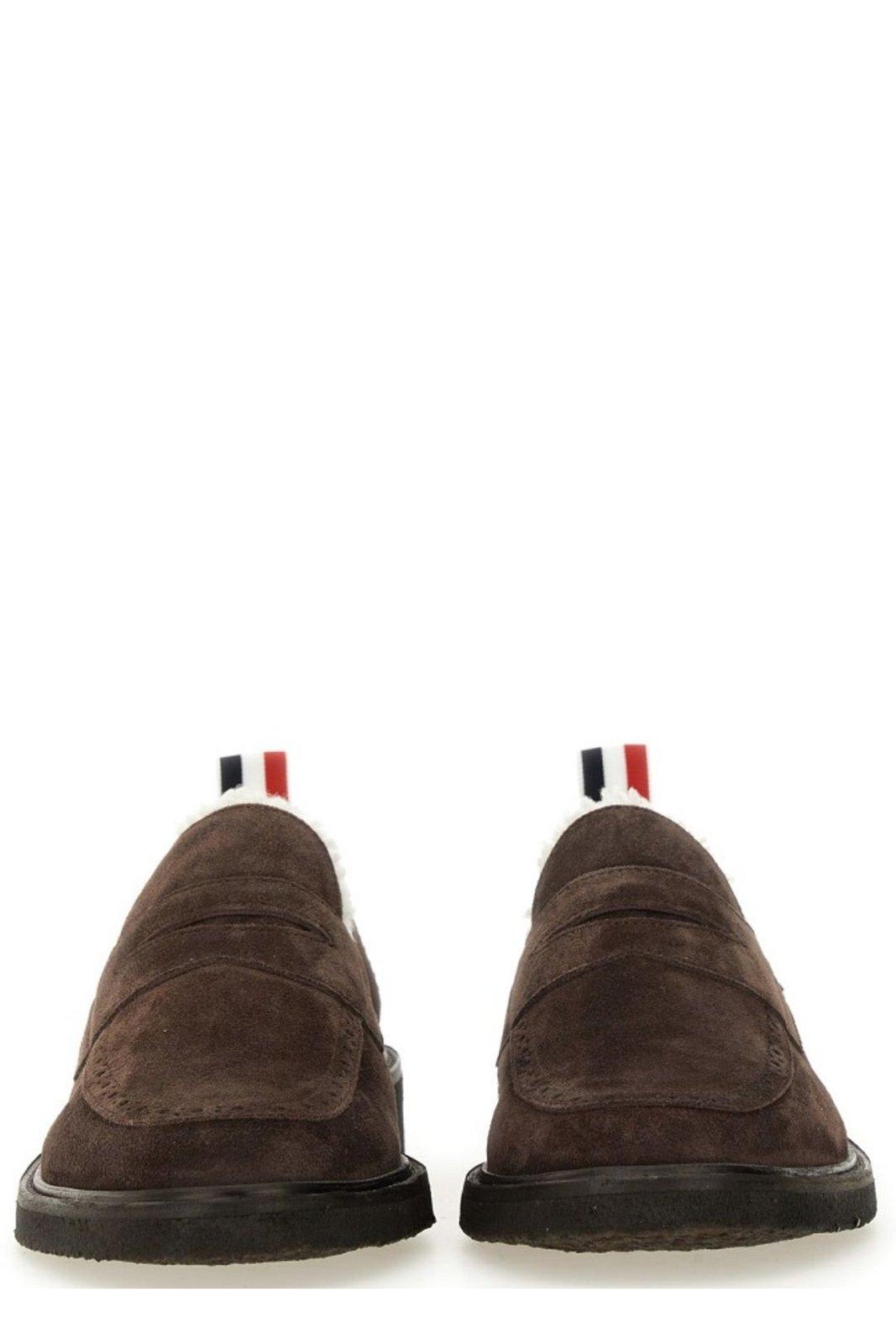 Shop Thom Browne Shearling-lining Penny Loafers In Dark