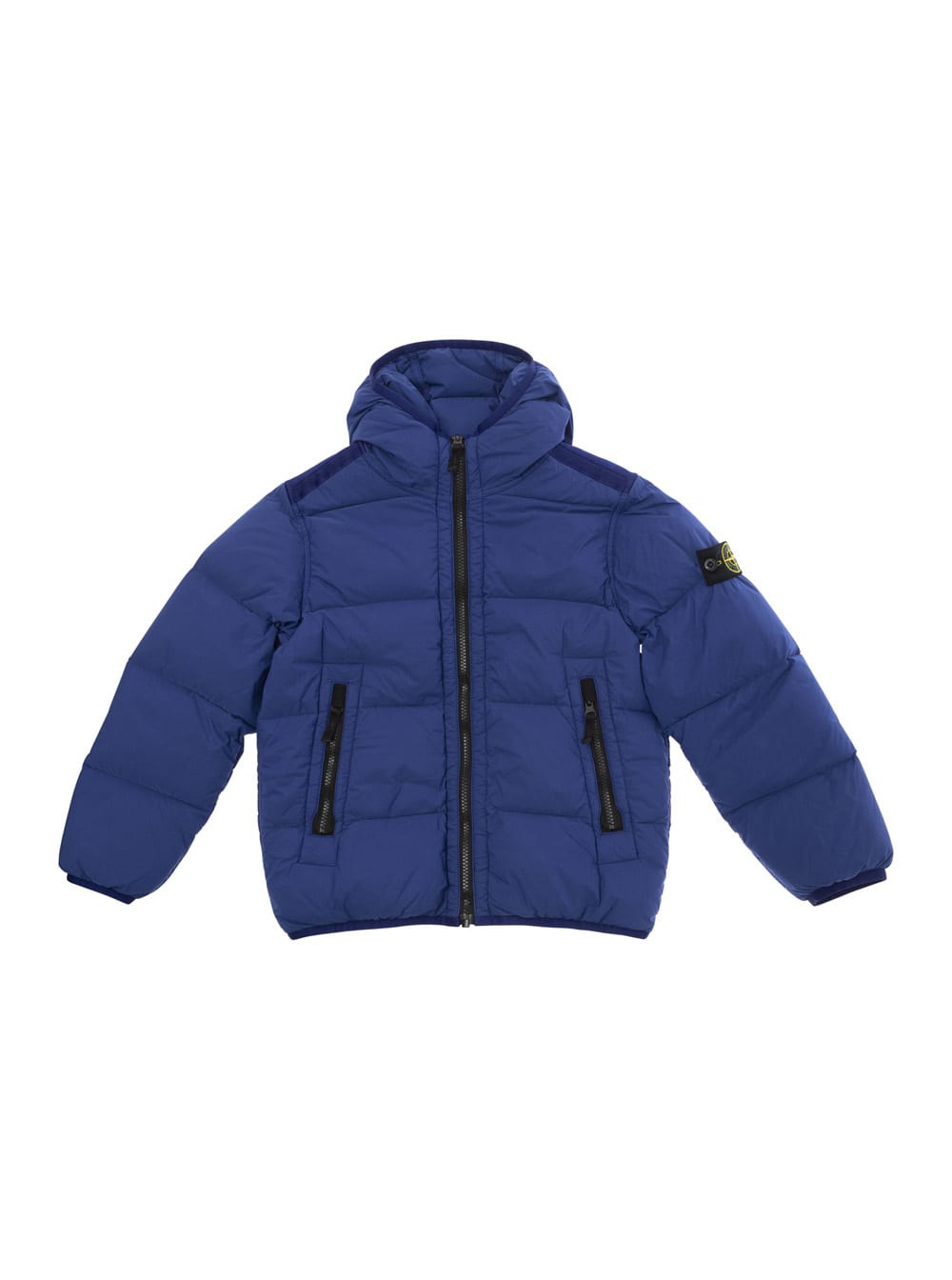 Stone Island Blue Hooded Down Jacket With Logo Patch In Polyamide Boy In Blu