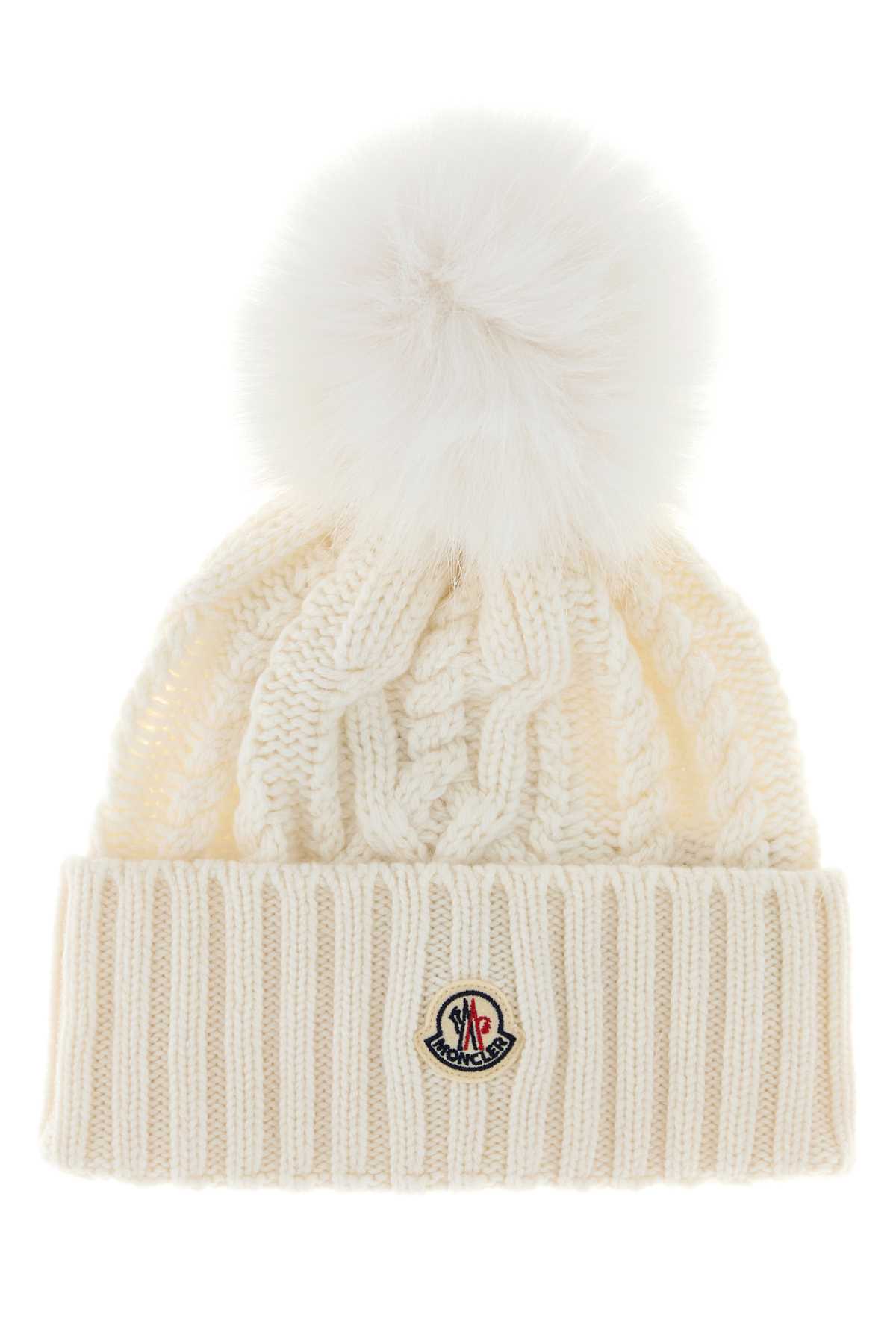 Moncler Cozy Wool Blend Beanie With Pom Detail In Neutral
