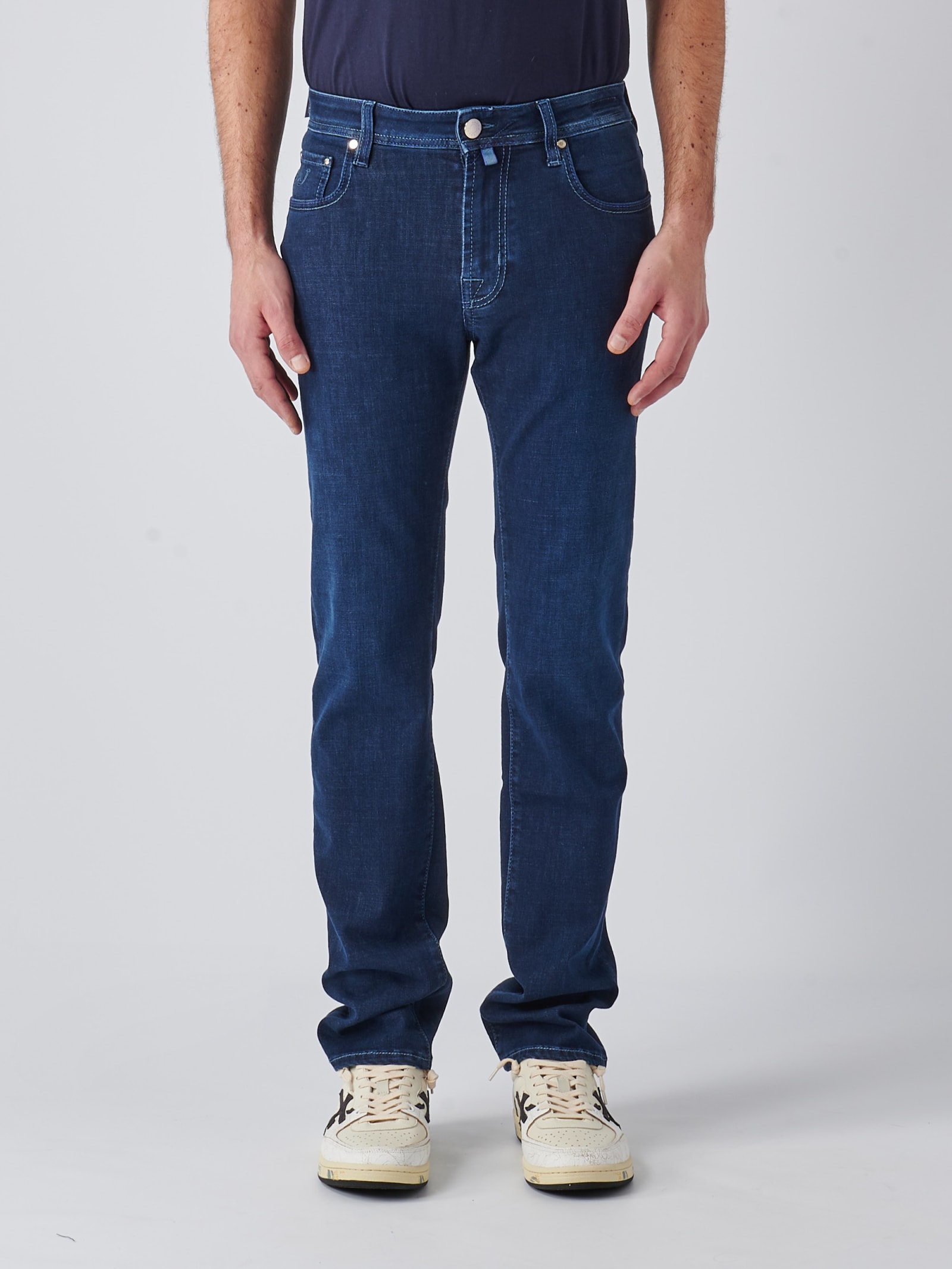 Shop Jacob Cohen Pantalone Slim Fit With Zip Bard Trousers In Denim Scuro