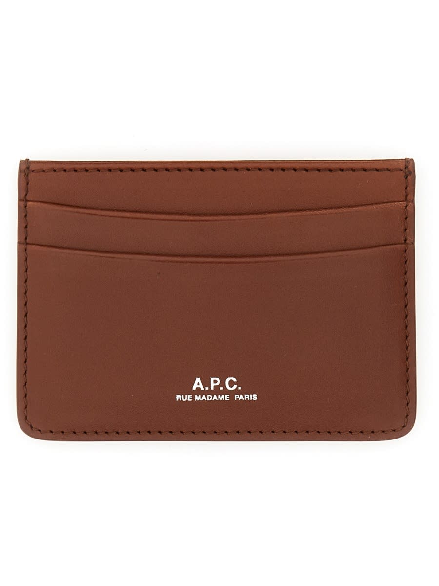 Apc Brown Card-holder With Logo Print In Leather Man In Buff