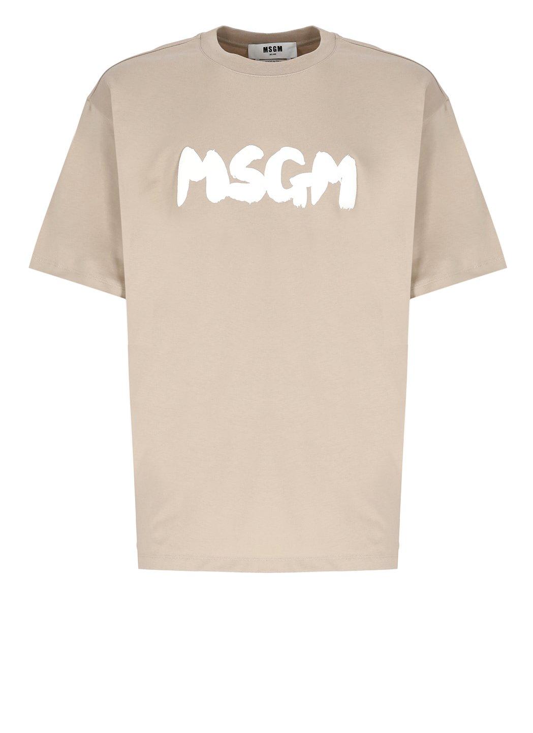 Msgm Logo Printed Crewneck T-shirt In Beige