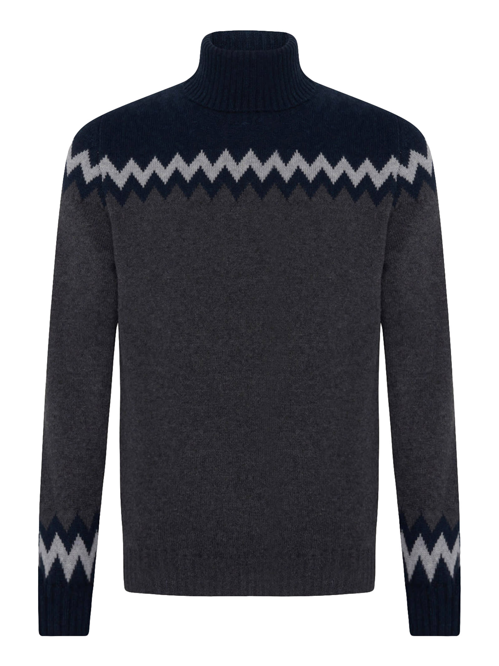 Kiton Jersey High Neck Cashmere In Dark Grey/blue/light Grey