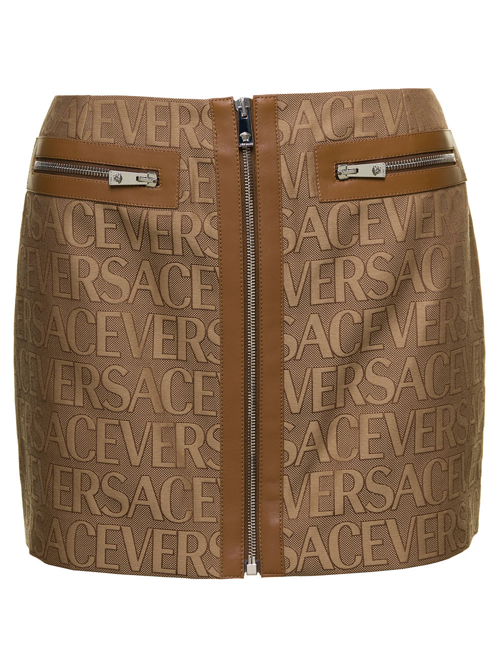 Shop Versace Brown Mini -skirt With All-over Logo Lettering Print In Canvas Woman