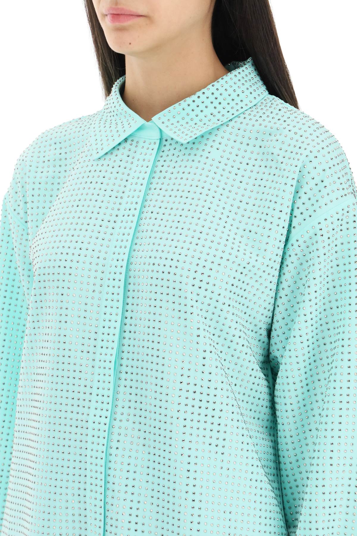 Shop Self-portrait Rhinestone Taffeta Shirt In Mint (green)