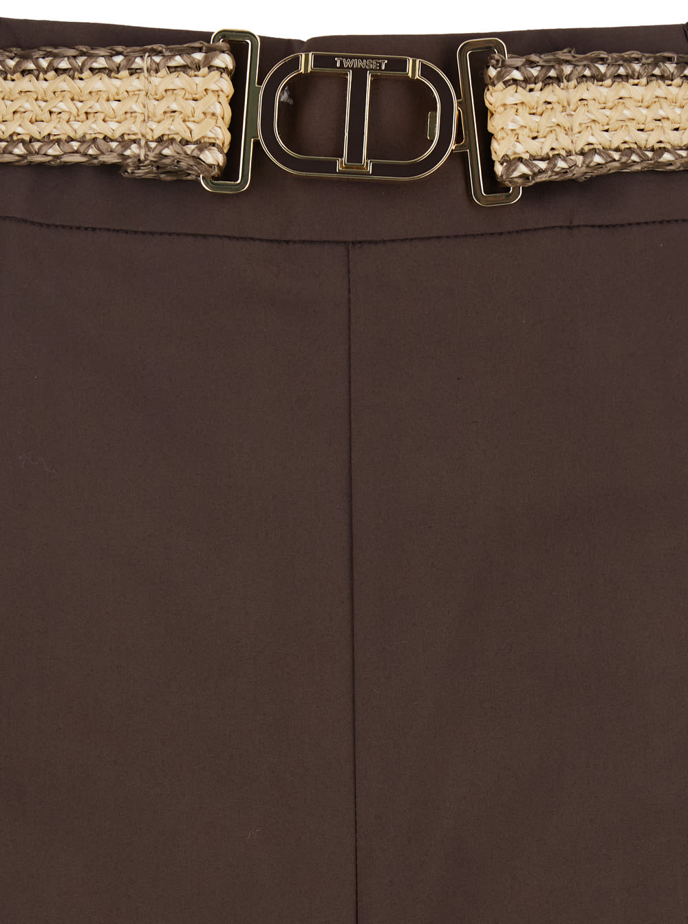 TWINSET BROWN PANTS WITH WAIST BELT AND METALLIC LOGO PLAQUE IN COTTON POPLIN WOMAN