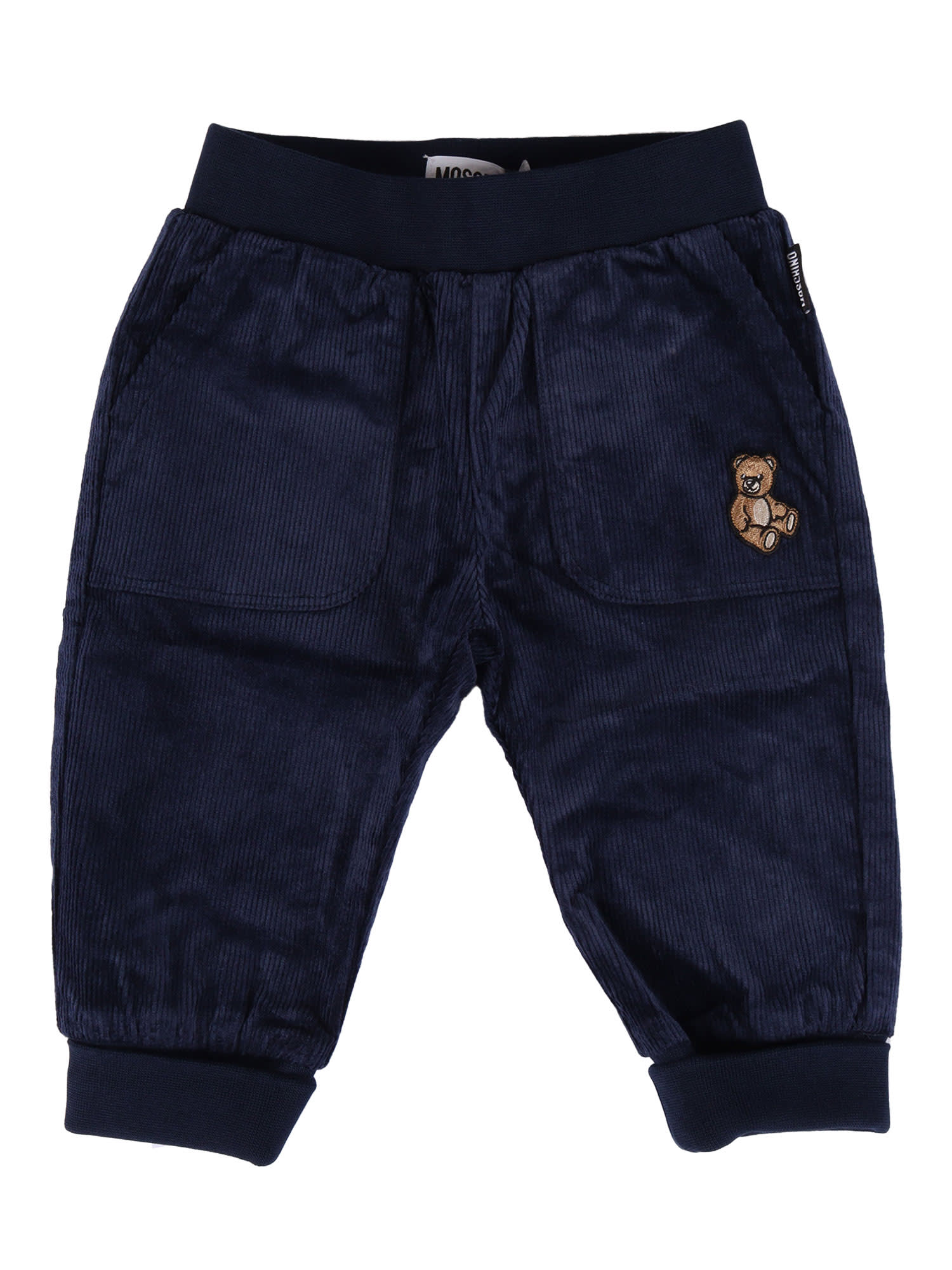 Moschino Teddy-embroidered Corduroy Trousers In Blue