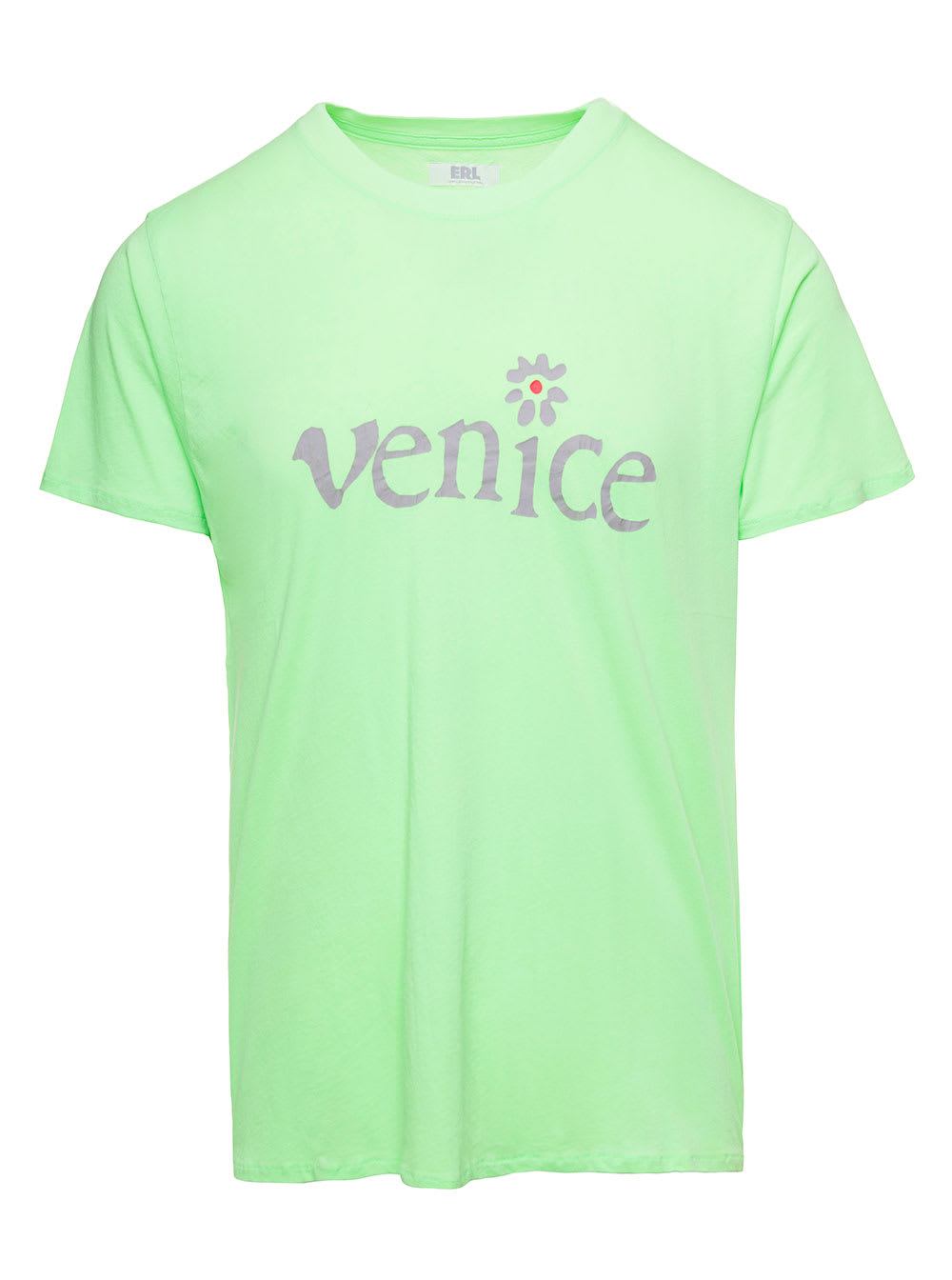 Shop Erl Green Crewneck T-shirt With Venice Print In Cotton