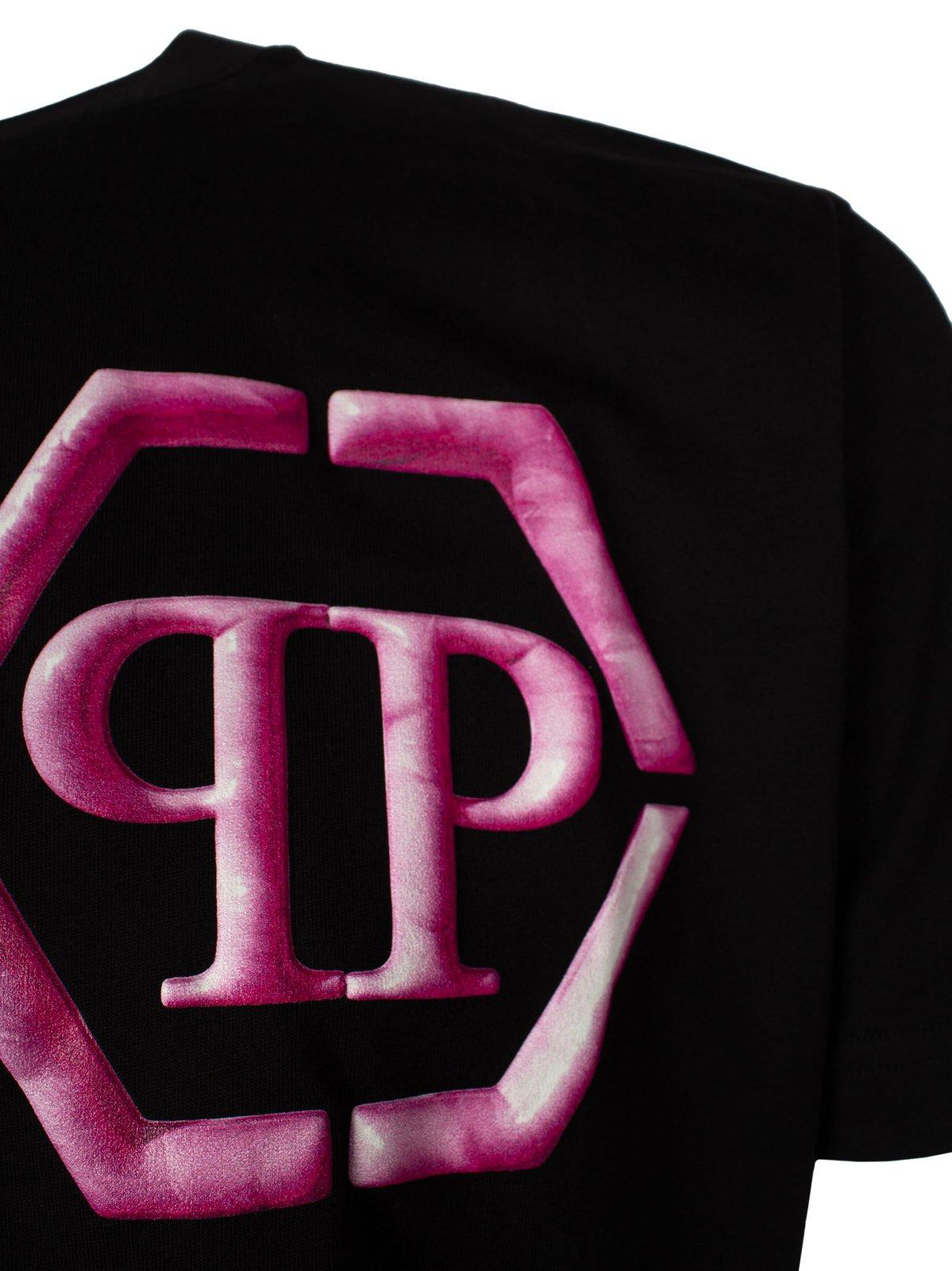Shop Philipp Plein Hexagon Logo-printed Crewneck T-shirt In Black/pink