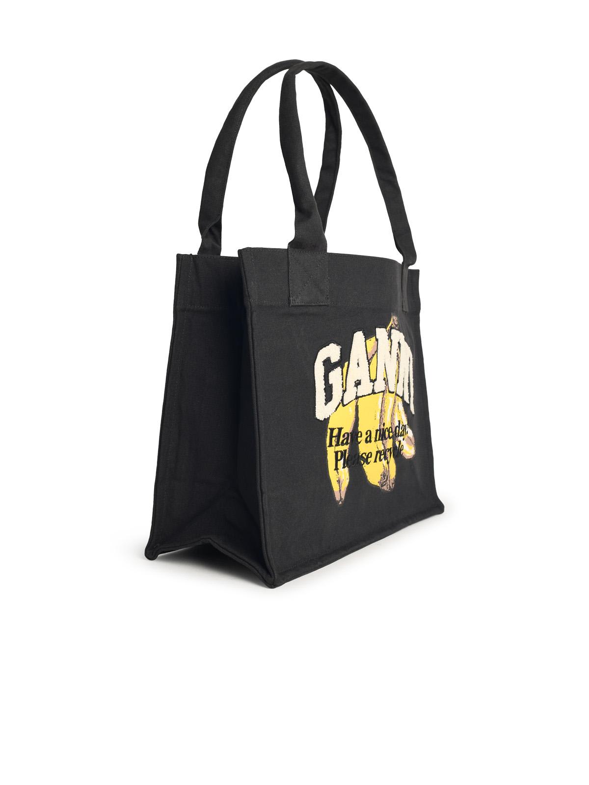 Ganni Large Banana Print Bag In Black Cotton In Black