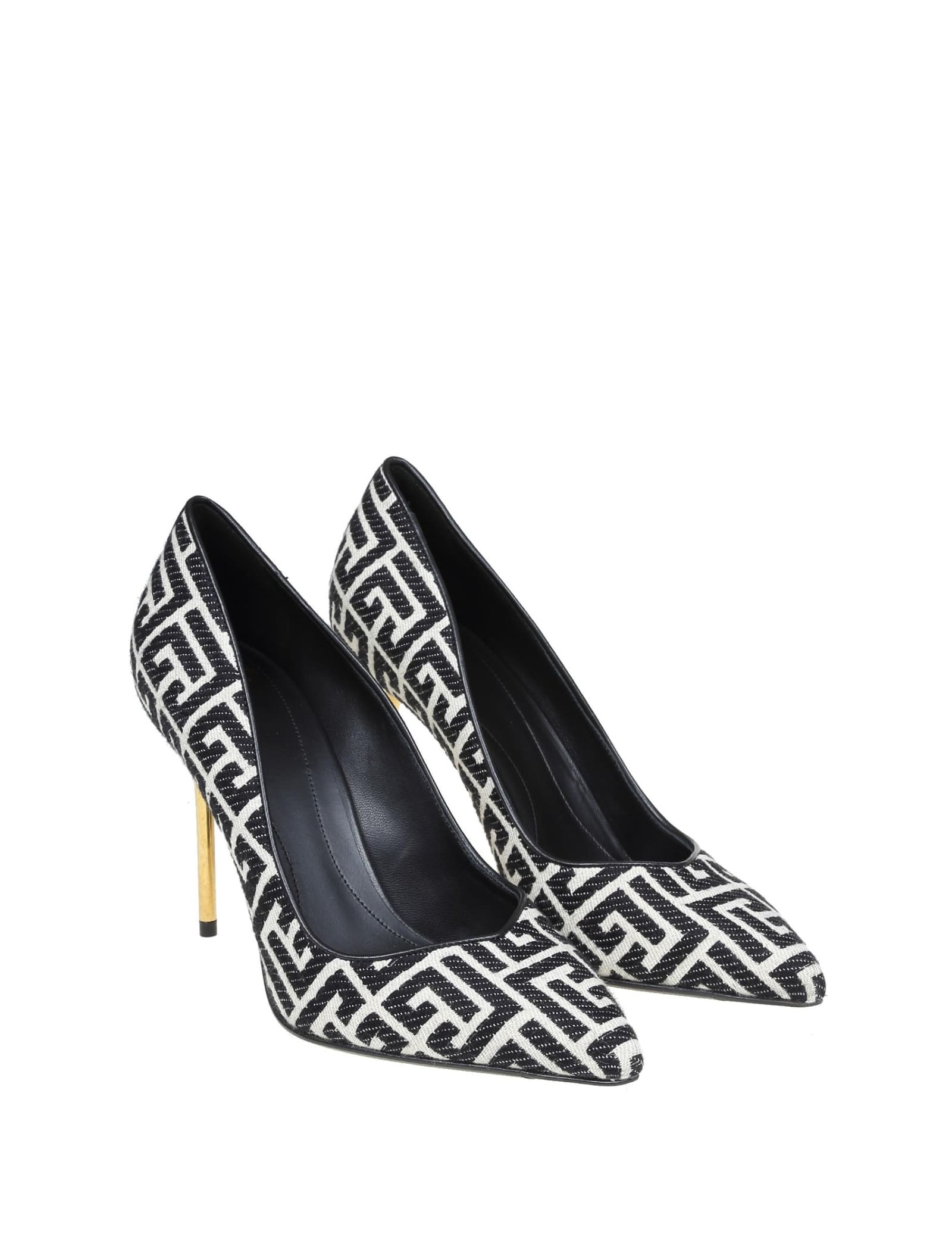 Shop Balmain Pump Decollete In Monogram Fabric In Ivoire/noir