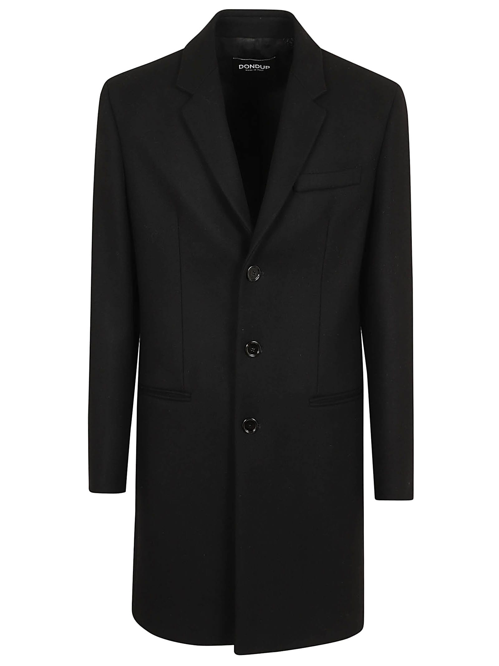 Dondup Knee-length Wool Coat With Welt Pockets And Three Buttons In Black