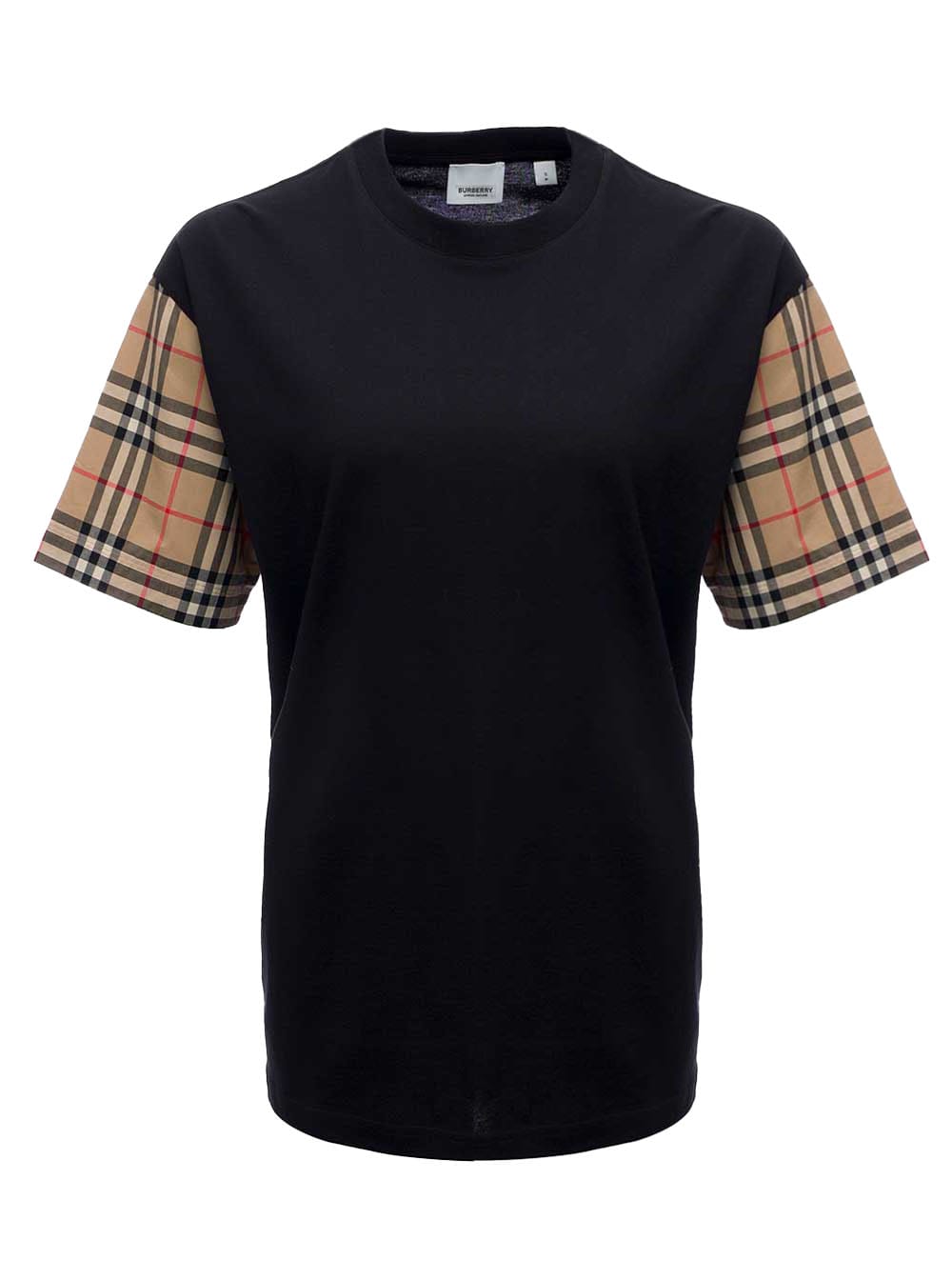 Burberry Black Cotton T-shirt With Vintage Check Sleeves