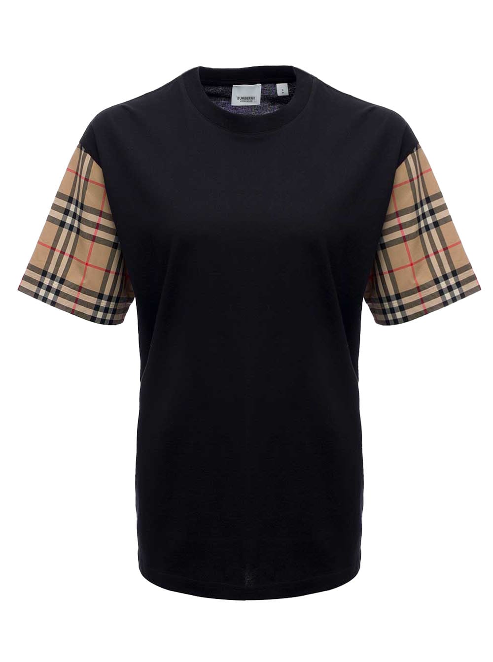 Shop Burberry Black Cotton T-shirt With Vintage Check Sleeves