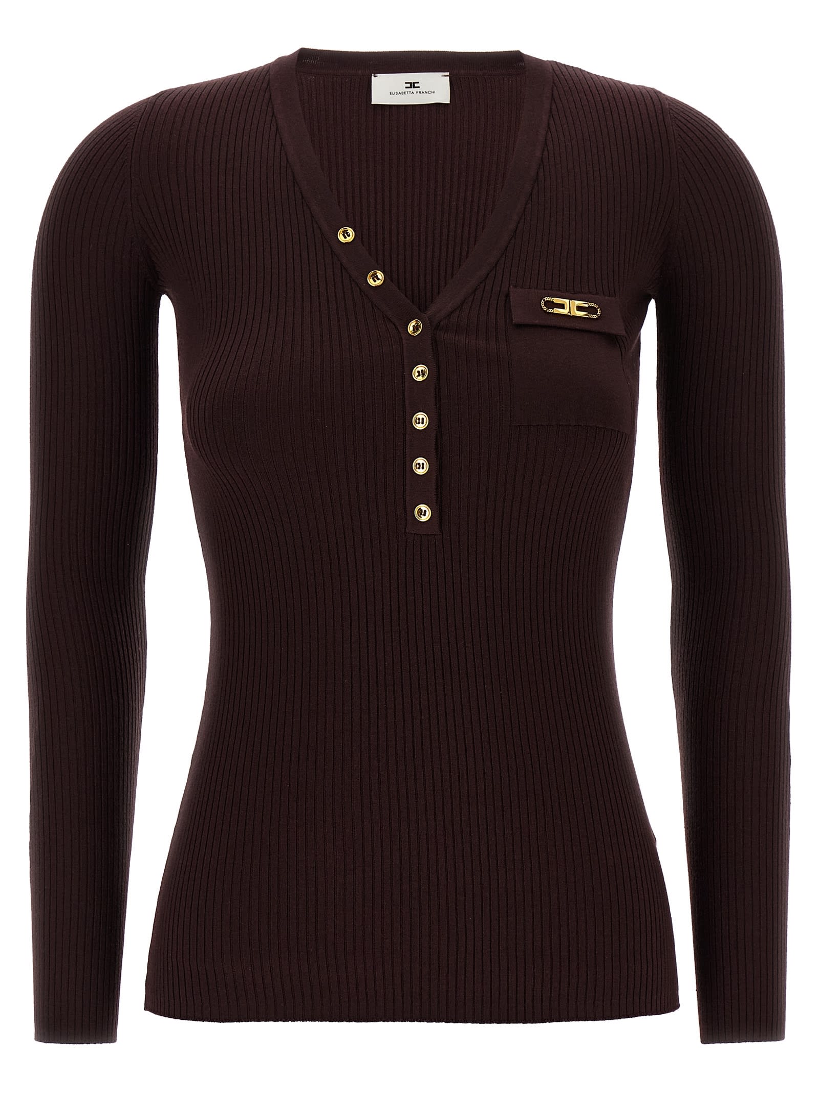 Elisabetta Franchi Burgundy Ribbed Sweater With Pocket In Red