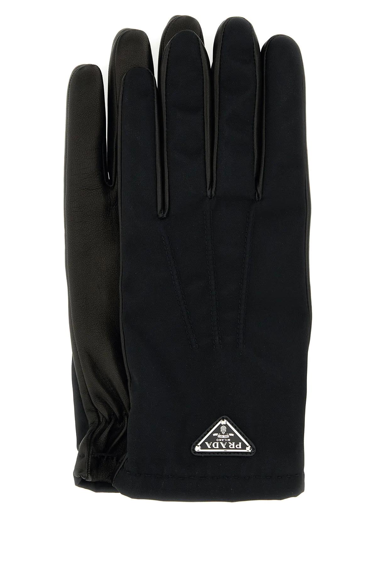 Shop Prada Black Nylon And Nappa Leather Gloves In Nero