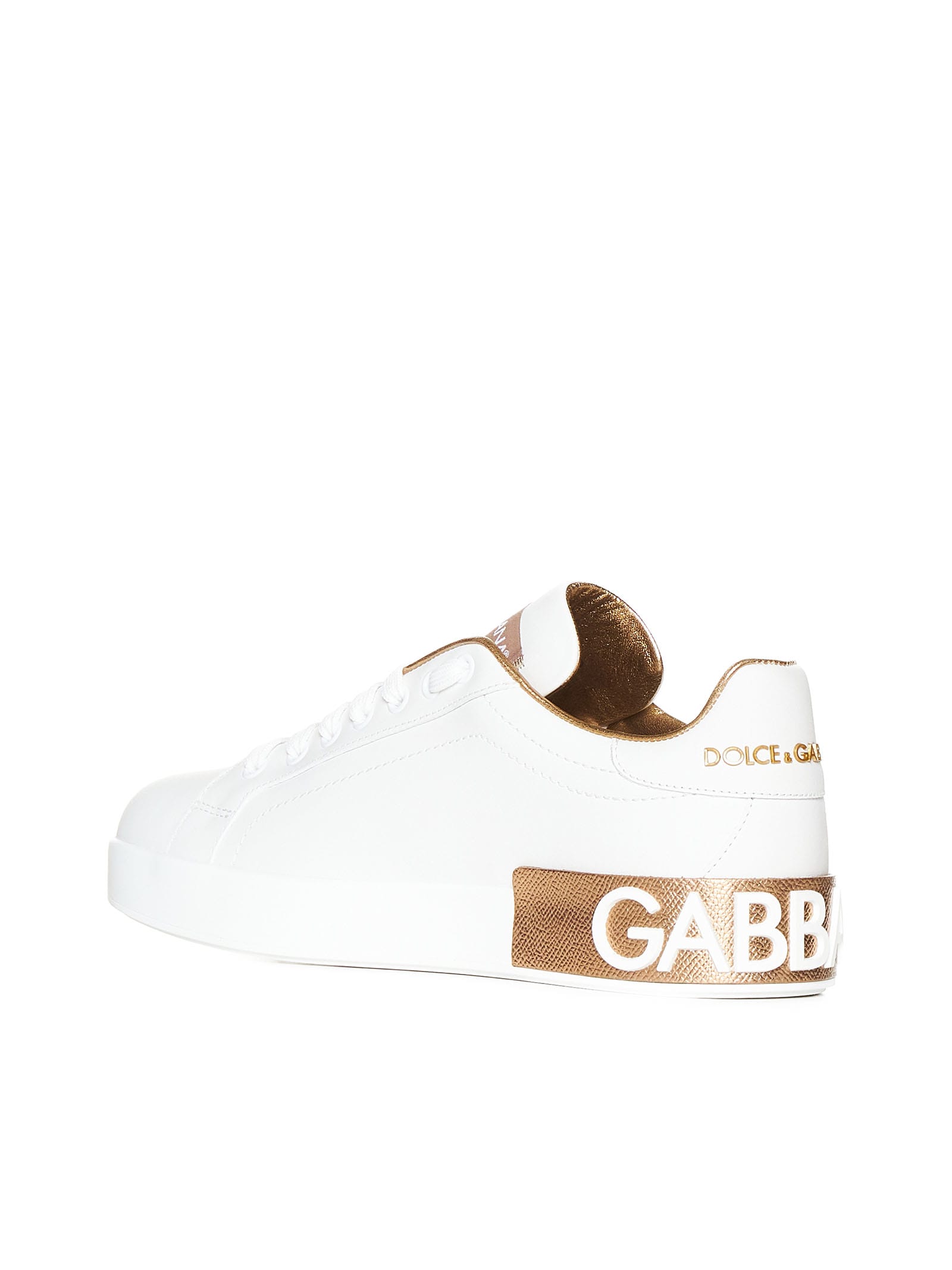 Dolce & Gabbana Portofino White And Gold Low Top Sneakers With Logo In Leather Woman In White