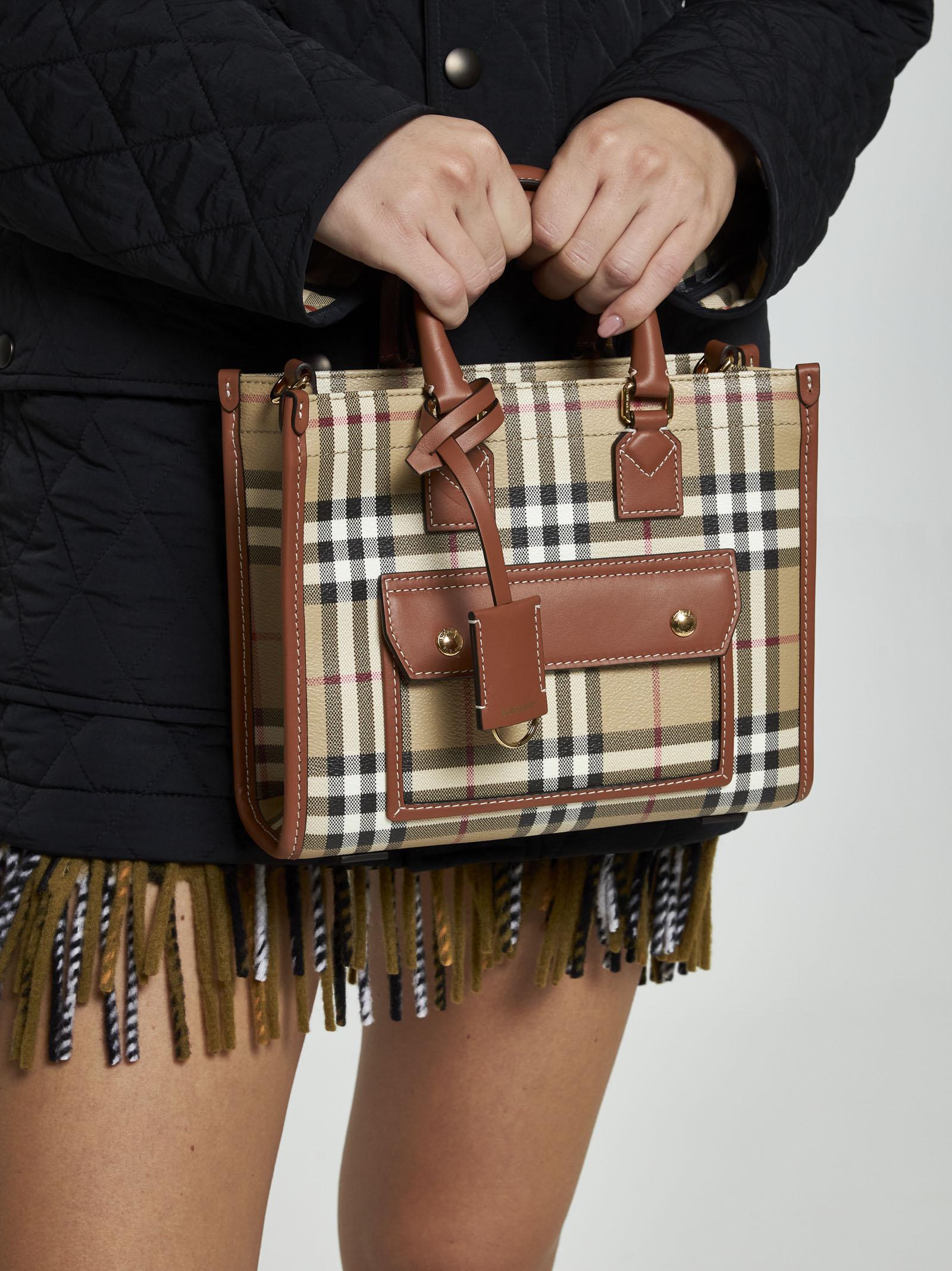 Shop Burberry Freya Check Canvas Mini Tote Bag In Vntg Chk/briar Brown