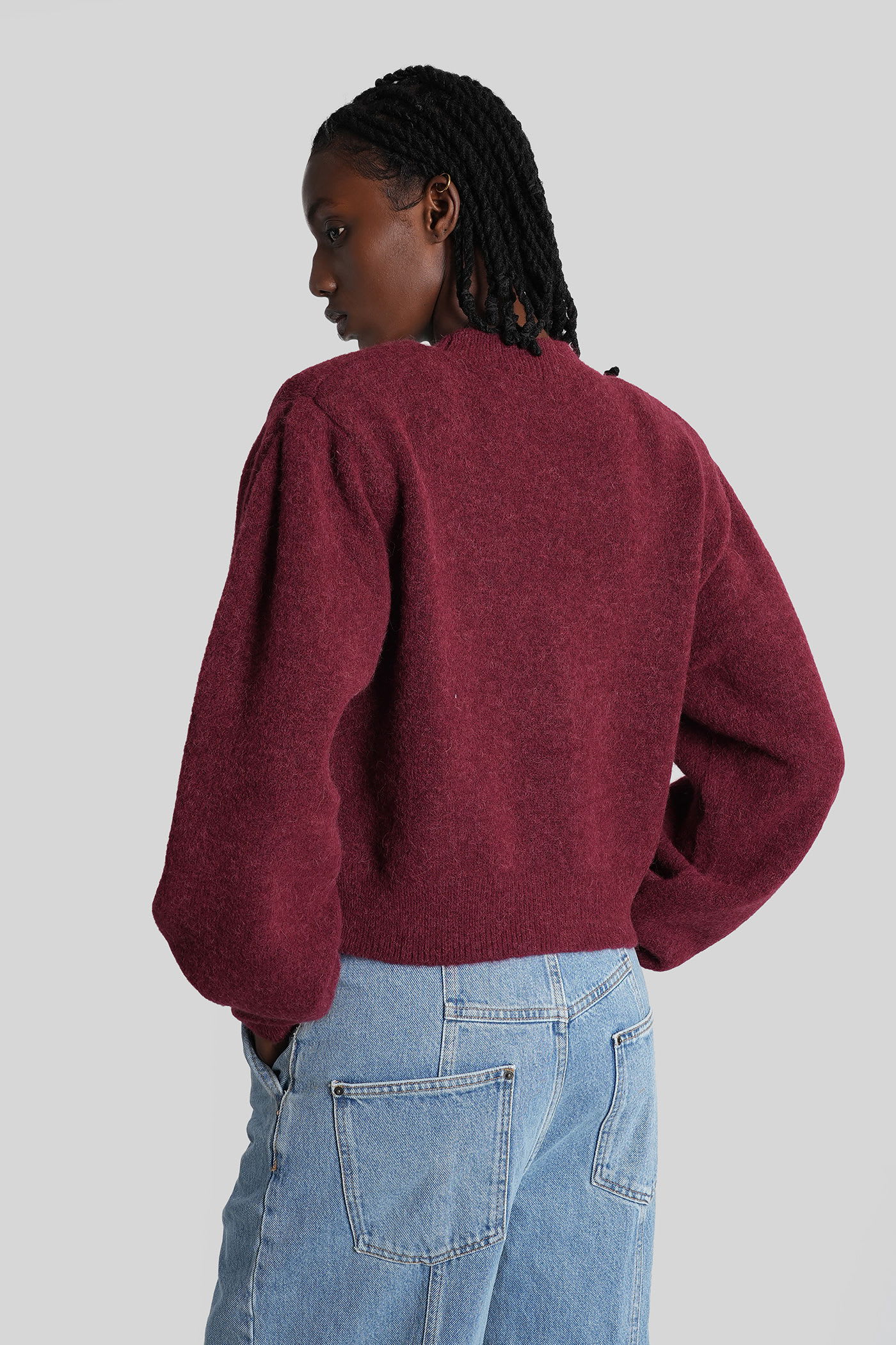 Rotate Birger Christensen Rotate Cropped Burgundy Sweater With Deep V-neckline And Floral Embellishment In Burgundy