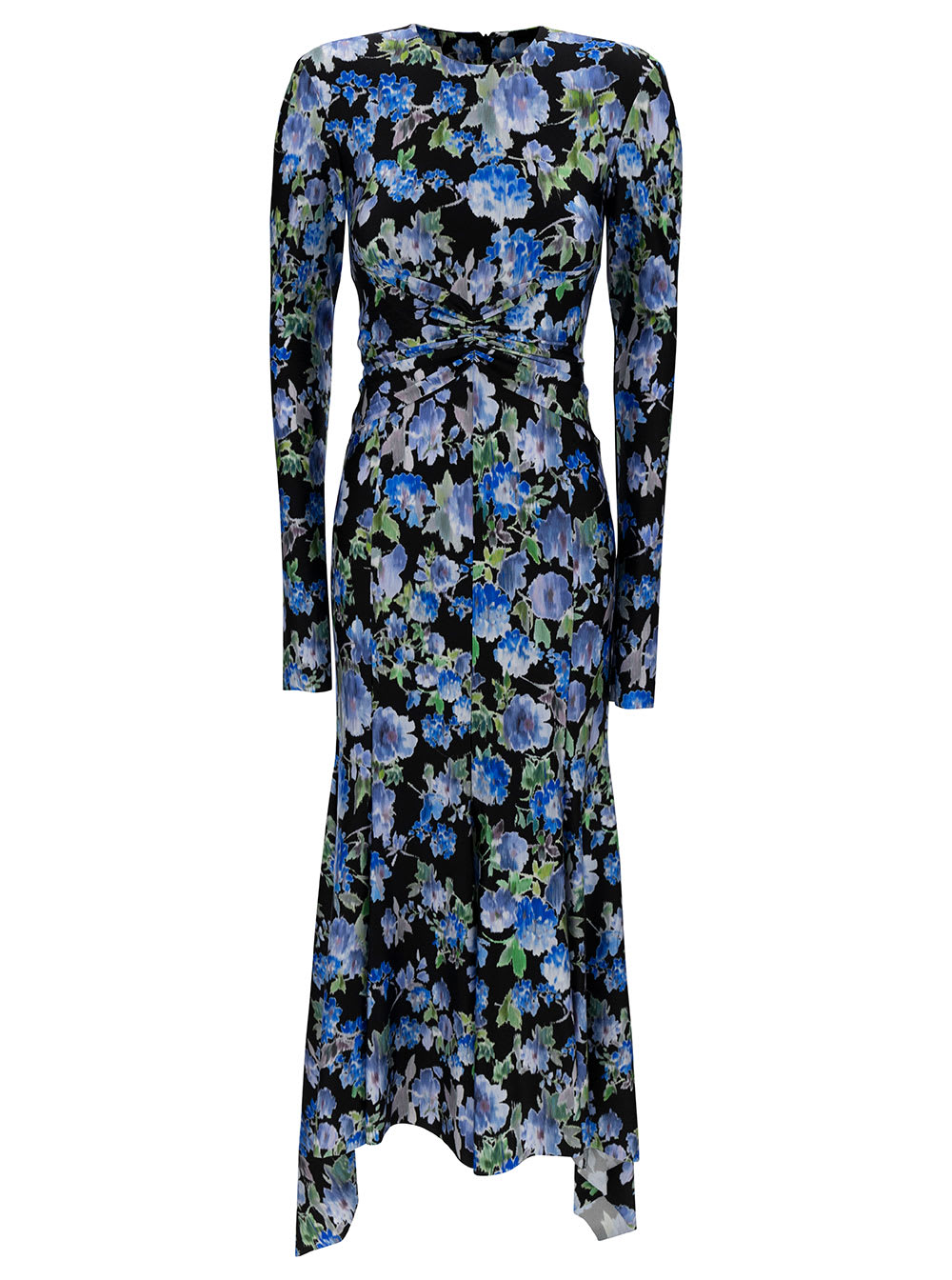 Shop Philosophy Di Lorenzo Serafini Black And Blue Maxi Dress With All-over Floreal Print In Stretch Fabric Woman