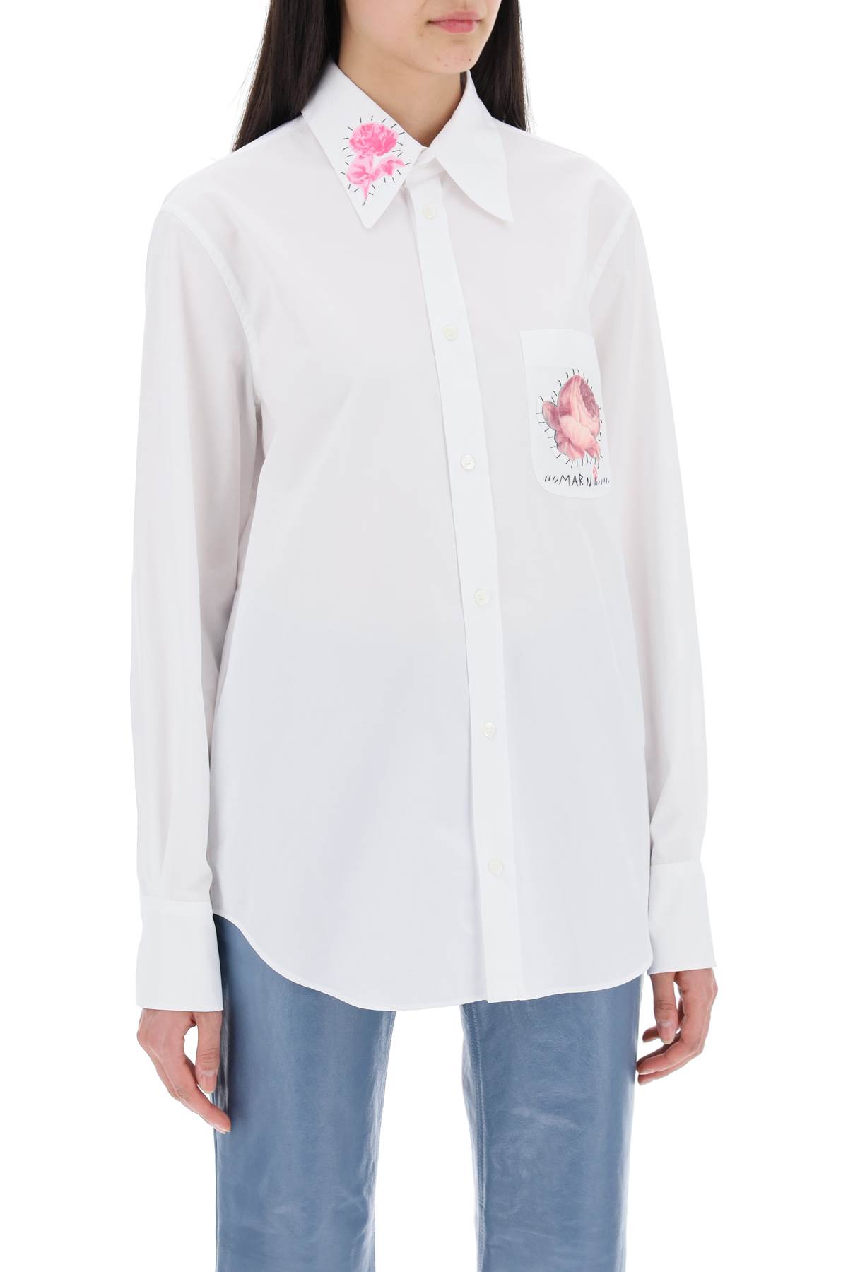 Shop Marni Shirt With Flower Print Patch And Embroidered Logo In Lily White (white)