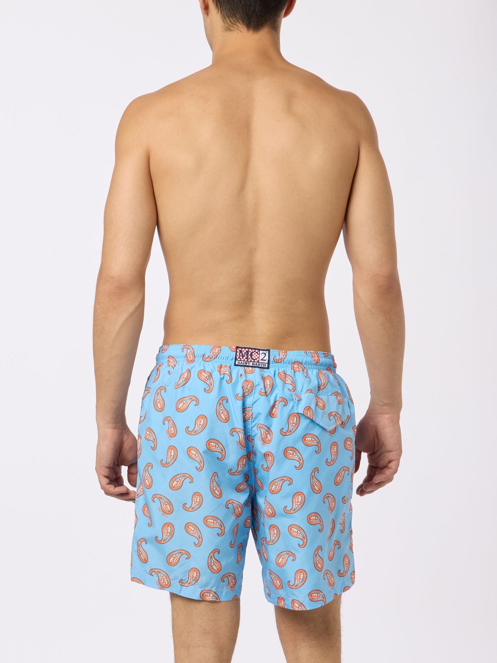 Mc2 Saint Barth Man Lightweight Fabric Swim-shorts Lighting With Paisley Print In Sky