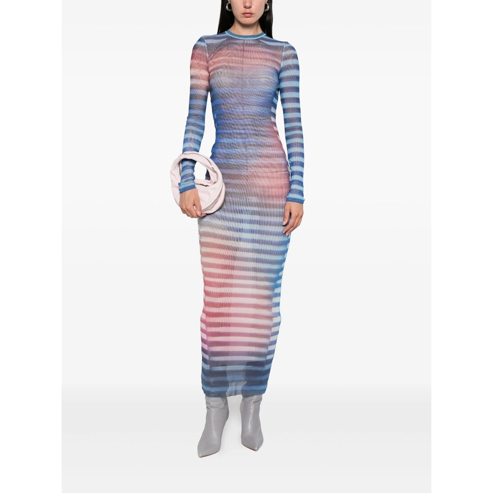 Jean Paul Gaultier Mesh Striped Bodycon Maxi Dress In Blue