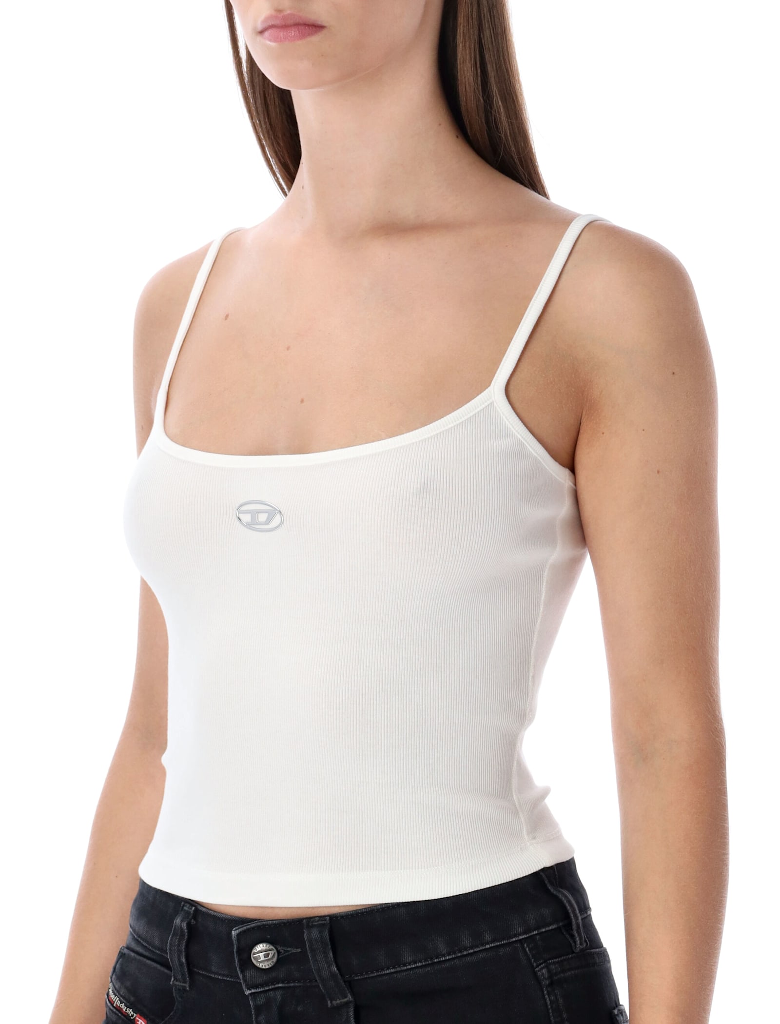 Diesel Ribbed Stretch Cotton Top With Metallic Oval D Logo In Multi