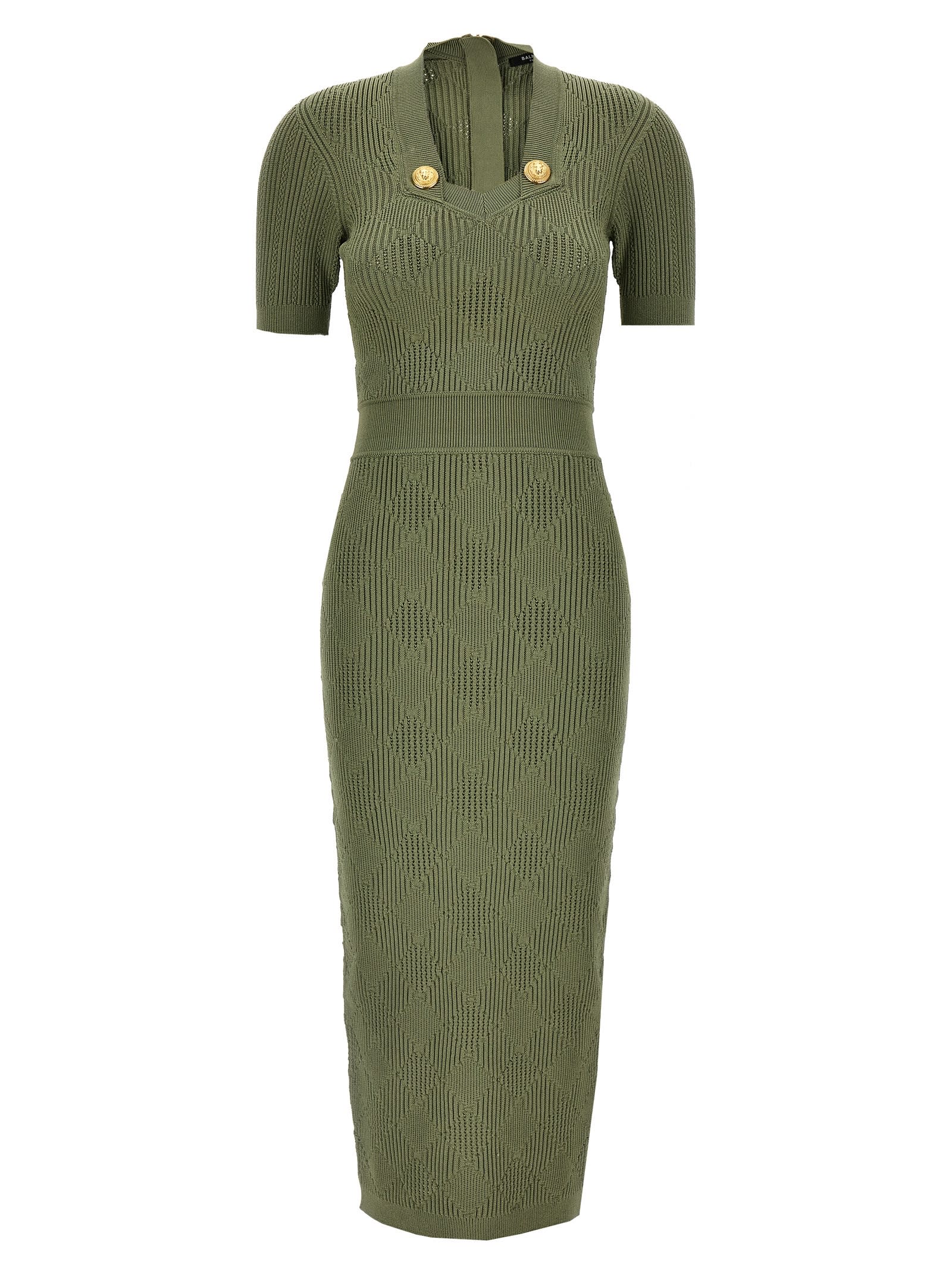 Shop Balmain Openwork Knit Dress In Green