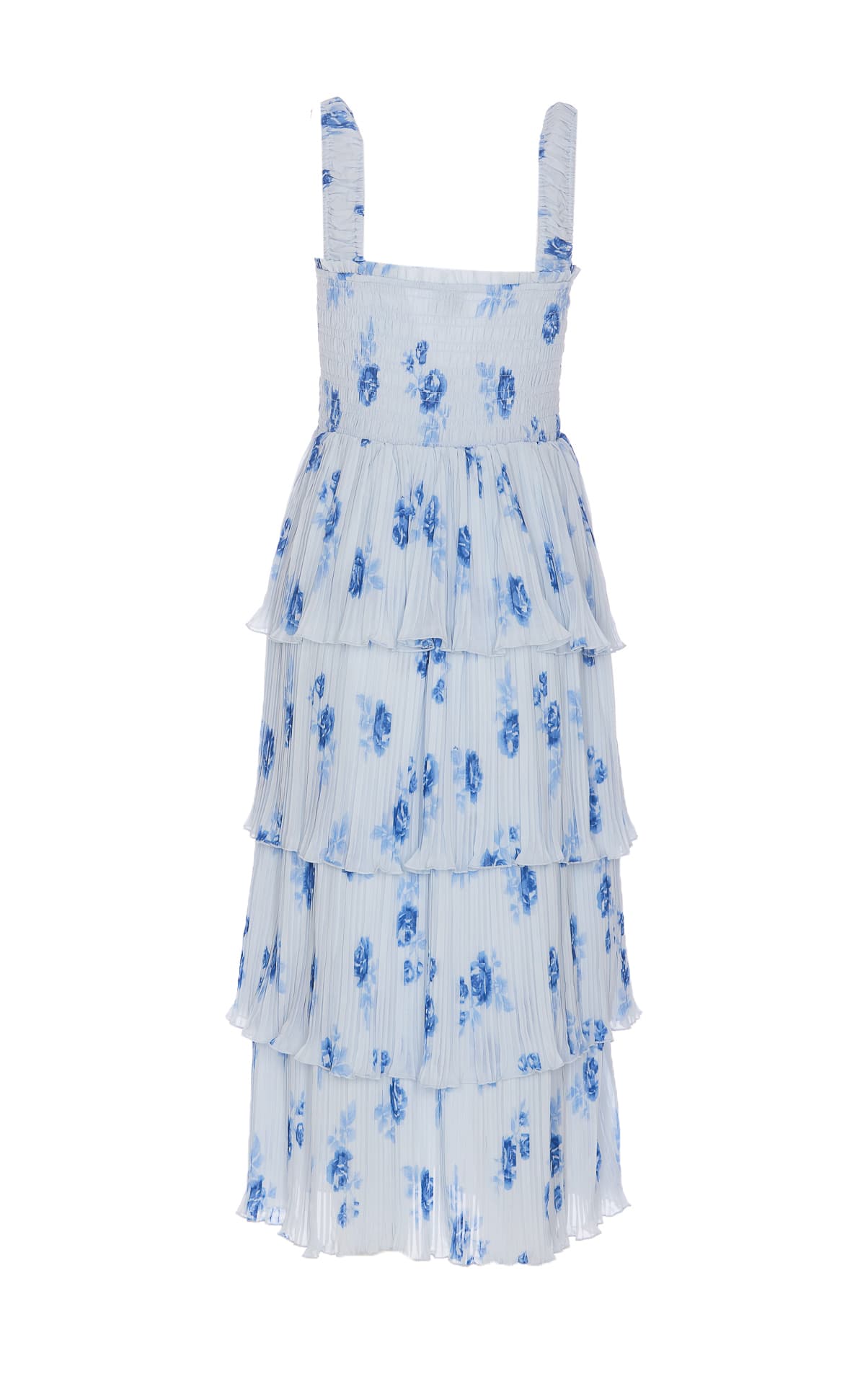 Shop Ganni Pleated Georgette Smock Midi Dress In Blue