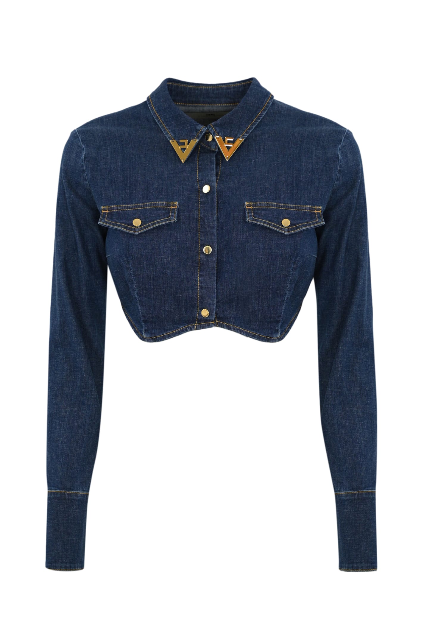 Cropped Denim Shirt With Metal Logo Details