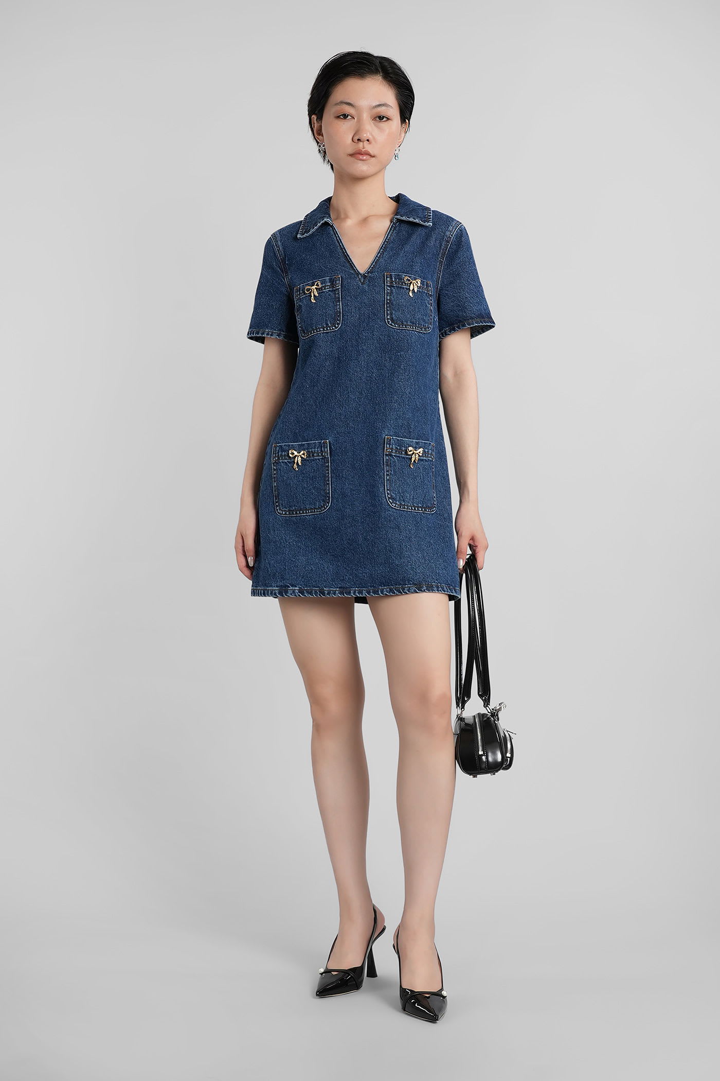 Self-portrait Denim Crystal Bow Mini Dress In Blue