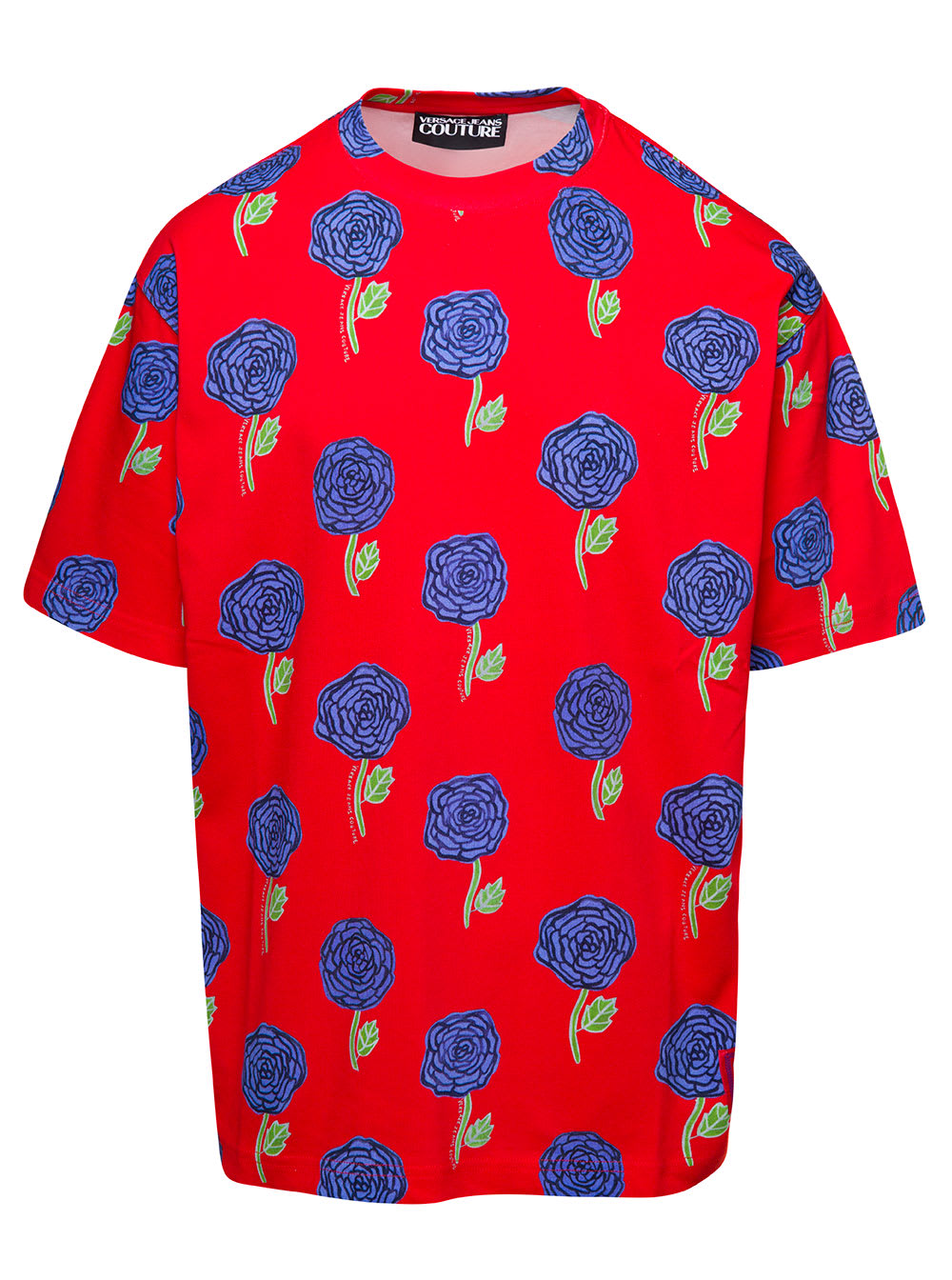 VERSACE JEANS COUTURE RED CREWNECK T-SHIRT WITH ALL-OVER FLORAL PRINT IN COTTON MAN