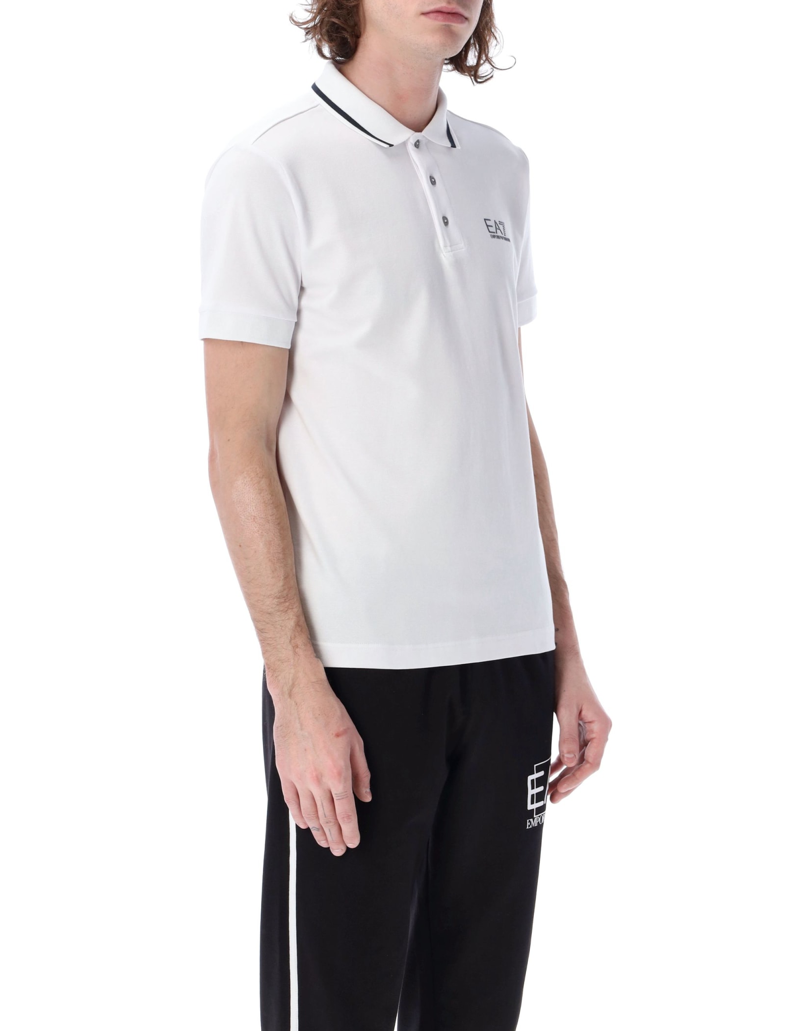 Ea7 Core Identity Stretch Piqué Polo Shirt In White