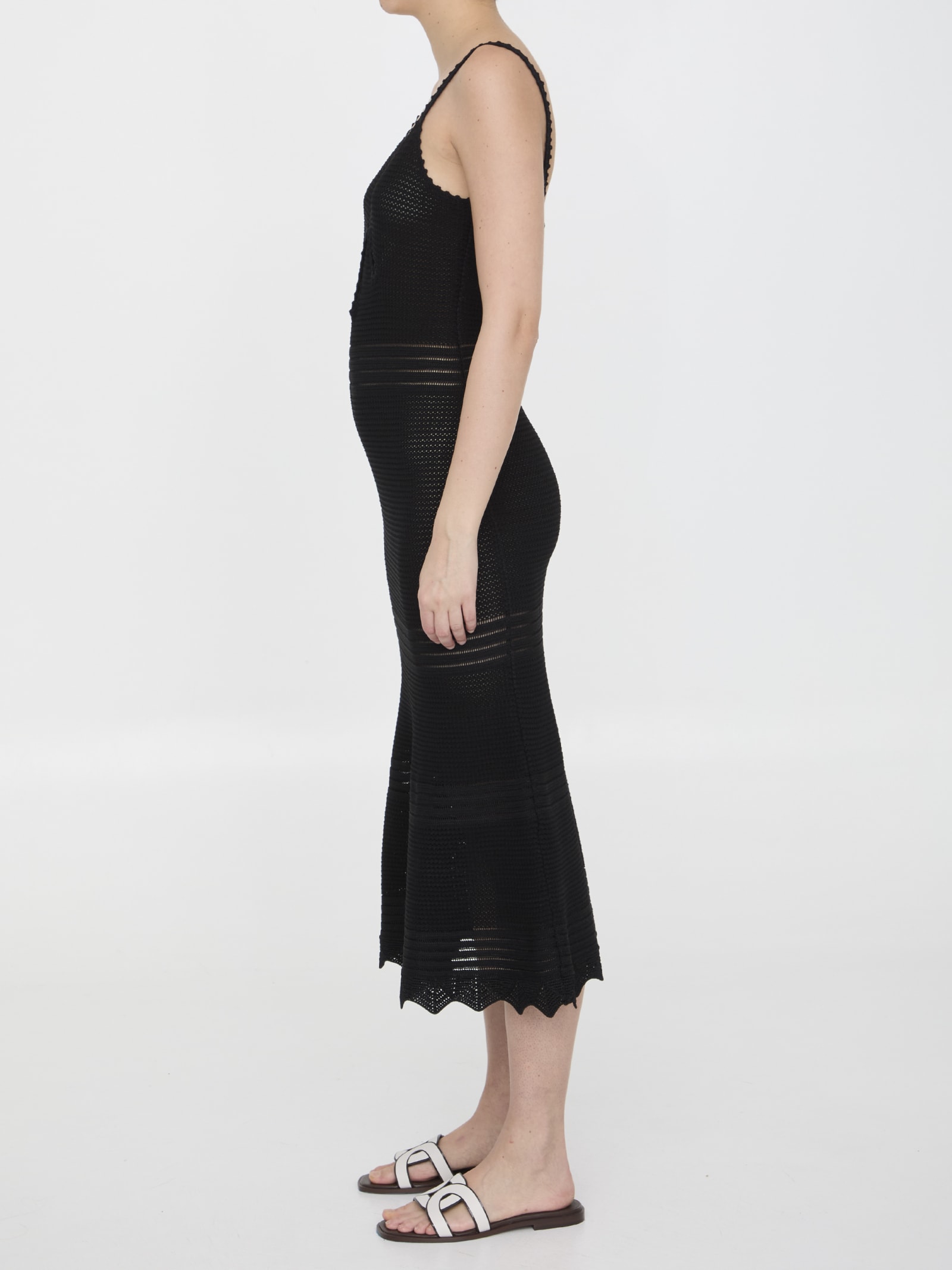 Shop Self-portrait Crochet Midi Dress In Black
