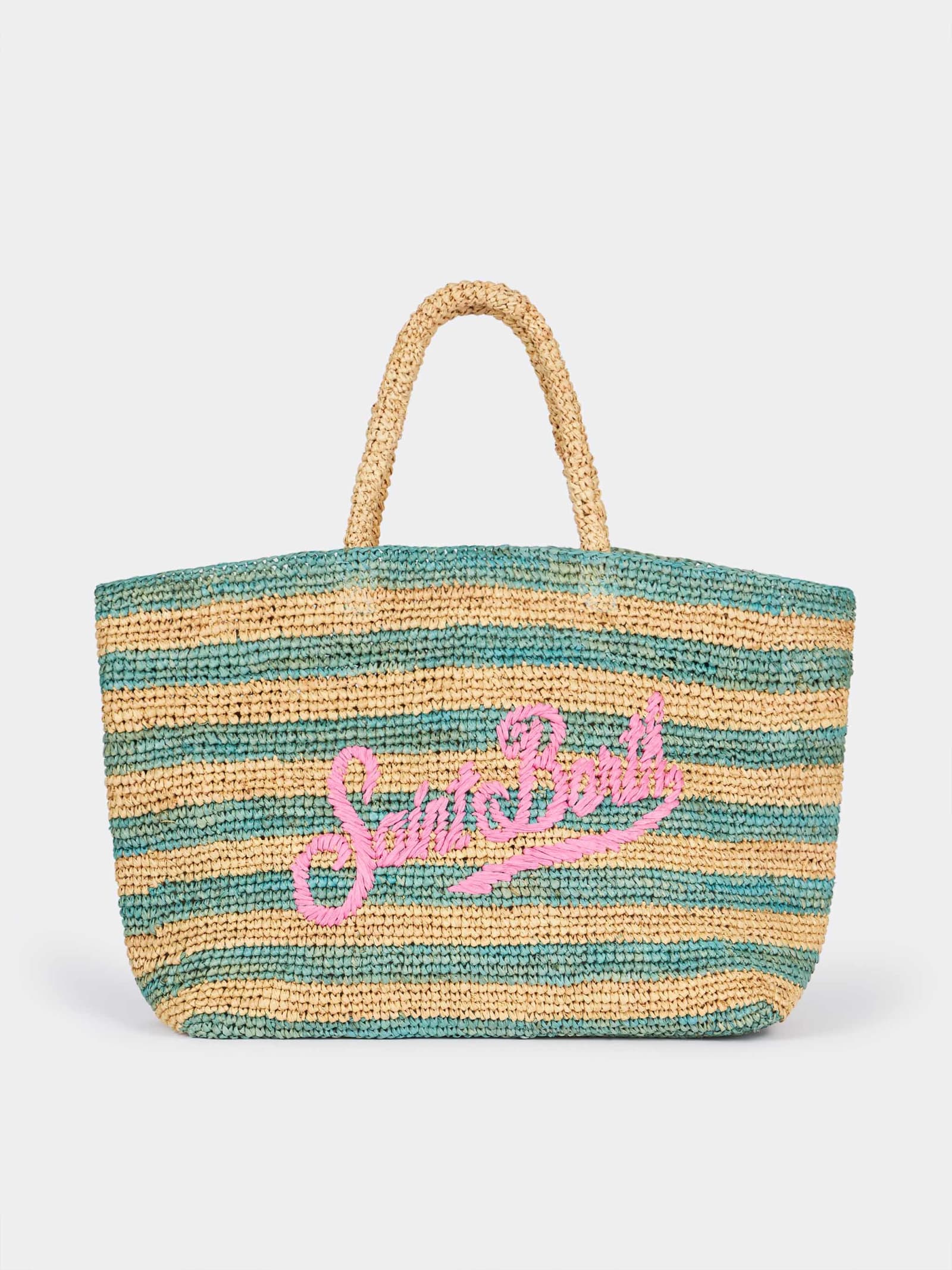 Shop Mc2 Saint Barth Turquoise Striped Raffia Beach Bag With Cotton Pouch In Sky