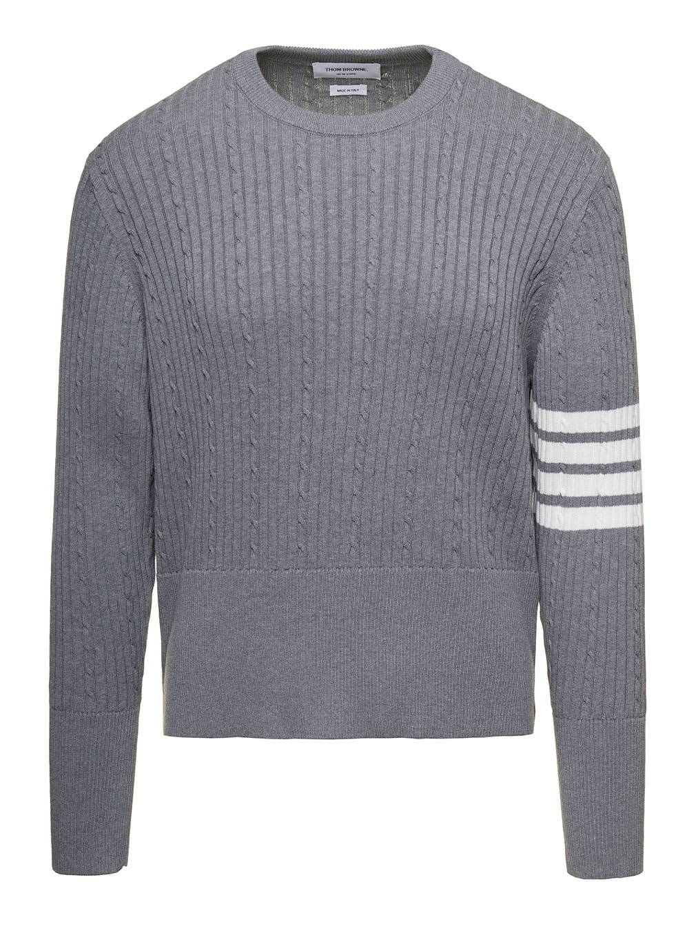 Cable-knit Jumper With Signature 4 Bar Detailing In Grey Cotton Man