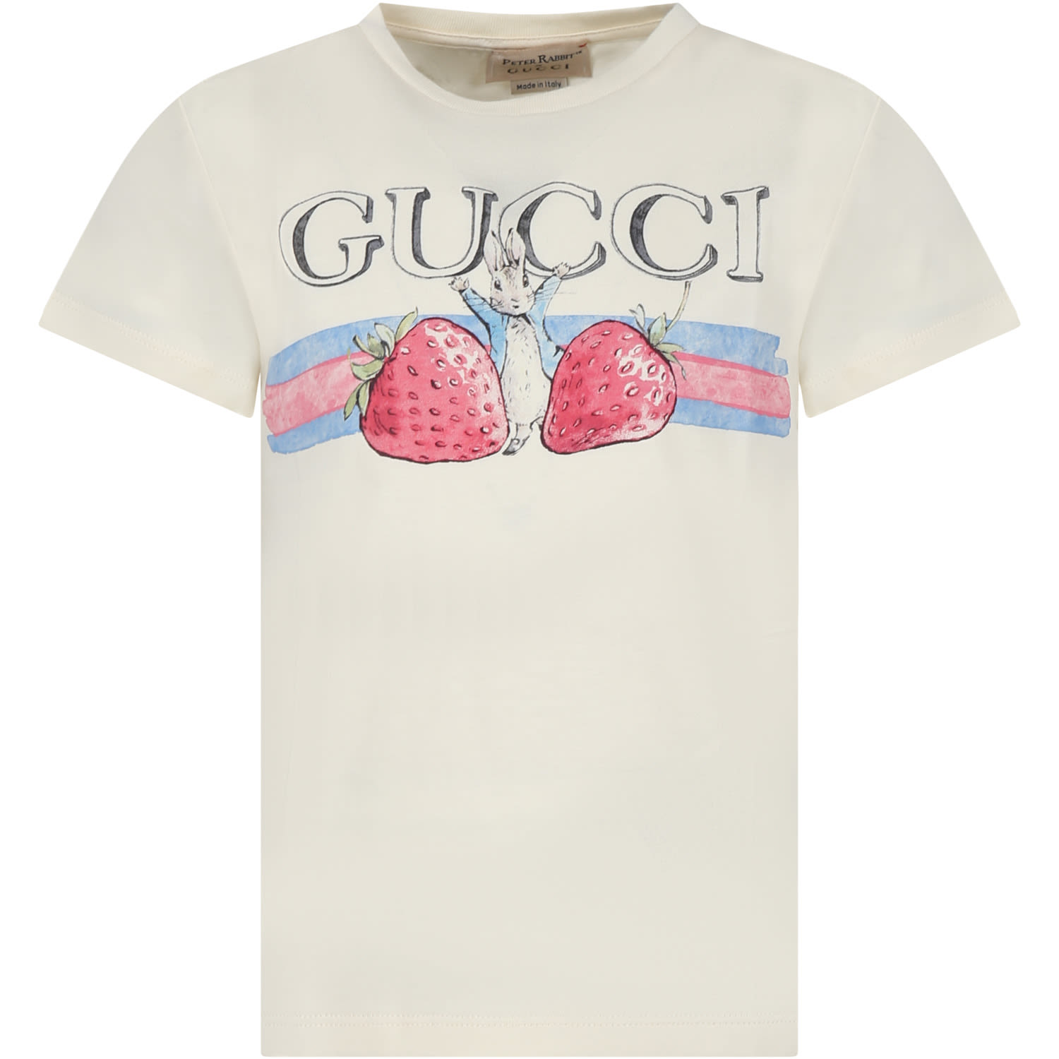 Gucci Kids' Ivory T-shirt For Girl With Strawberries And Peter Rabbit