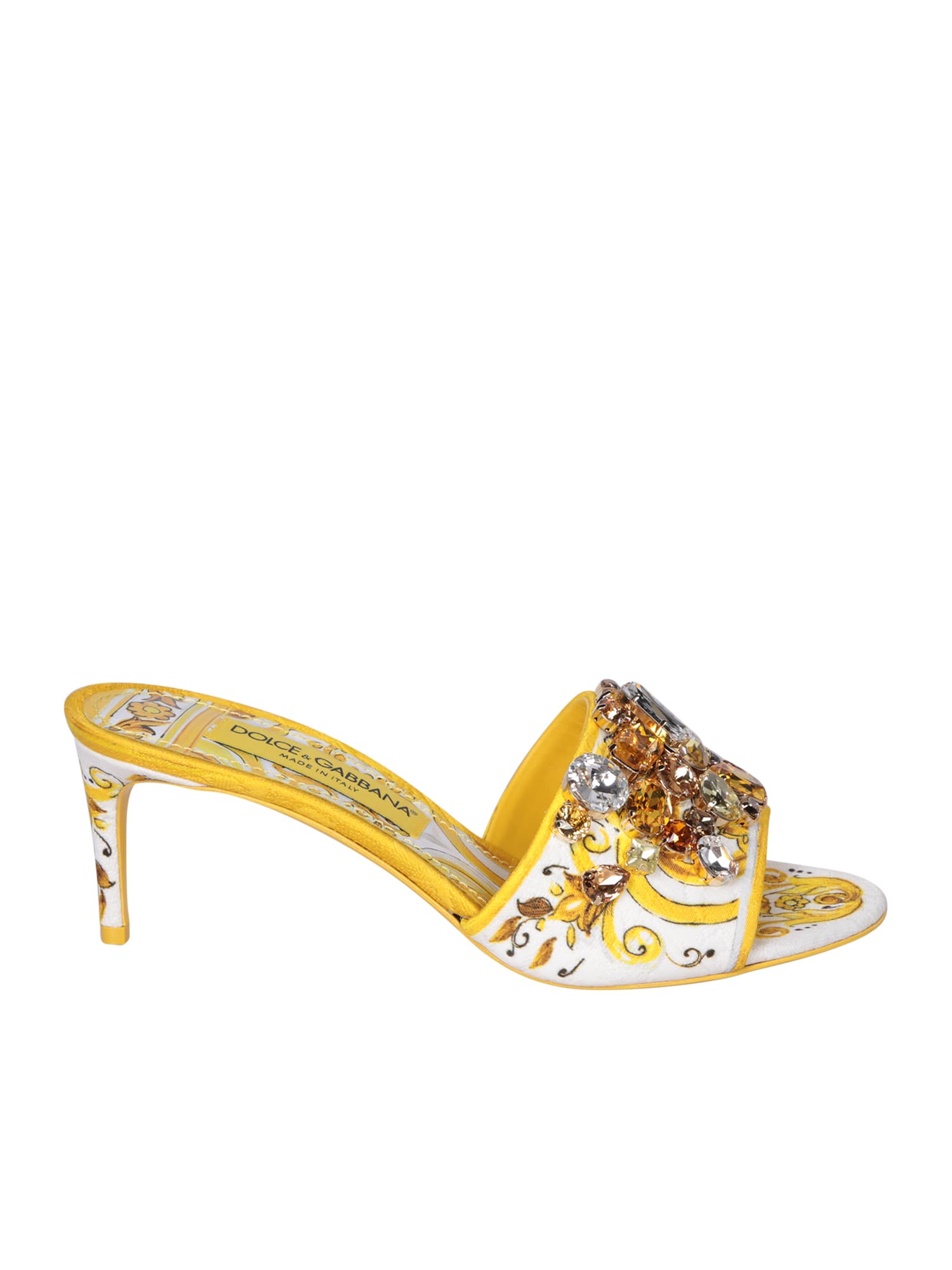 Shop Dolce & Gabbana Brocade Heel Yellow Sandals