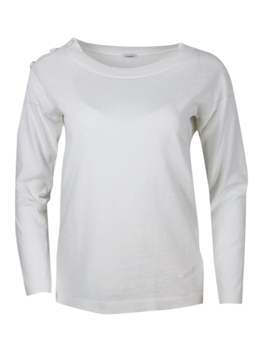 Shop Malo Crew-neck, Long-sleeved Shirt In Cotton Thread With Buttons On The Shoulder In White