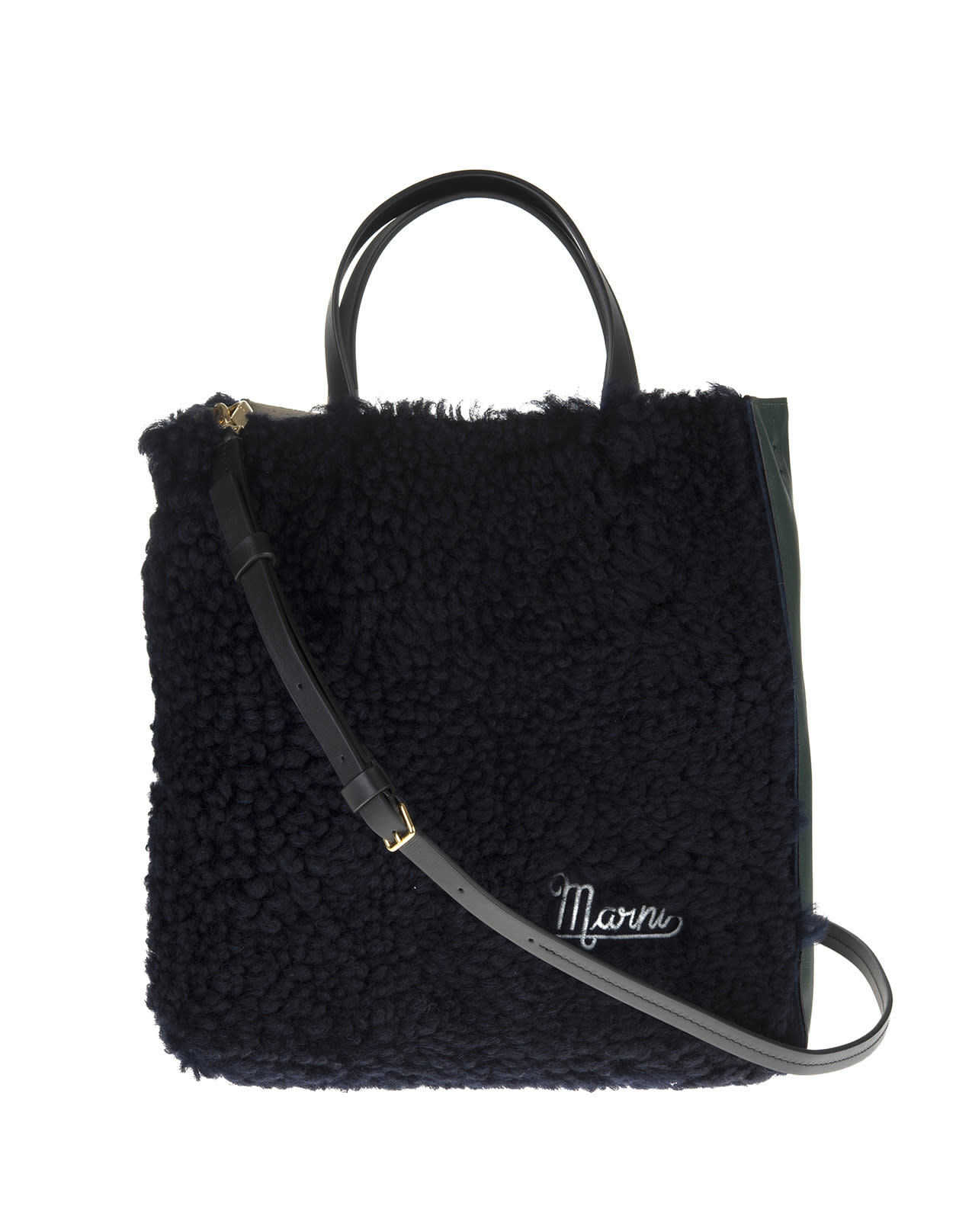 Marni Black And Dark Green Small Museo Soft Bag In Shearling And Leather