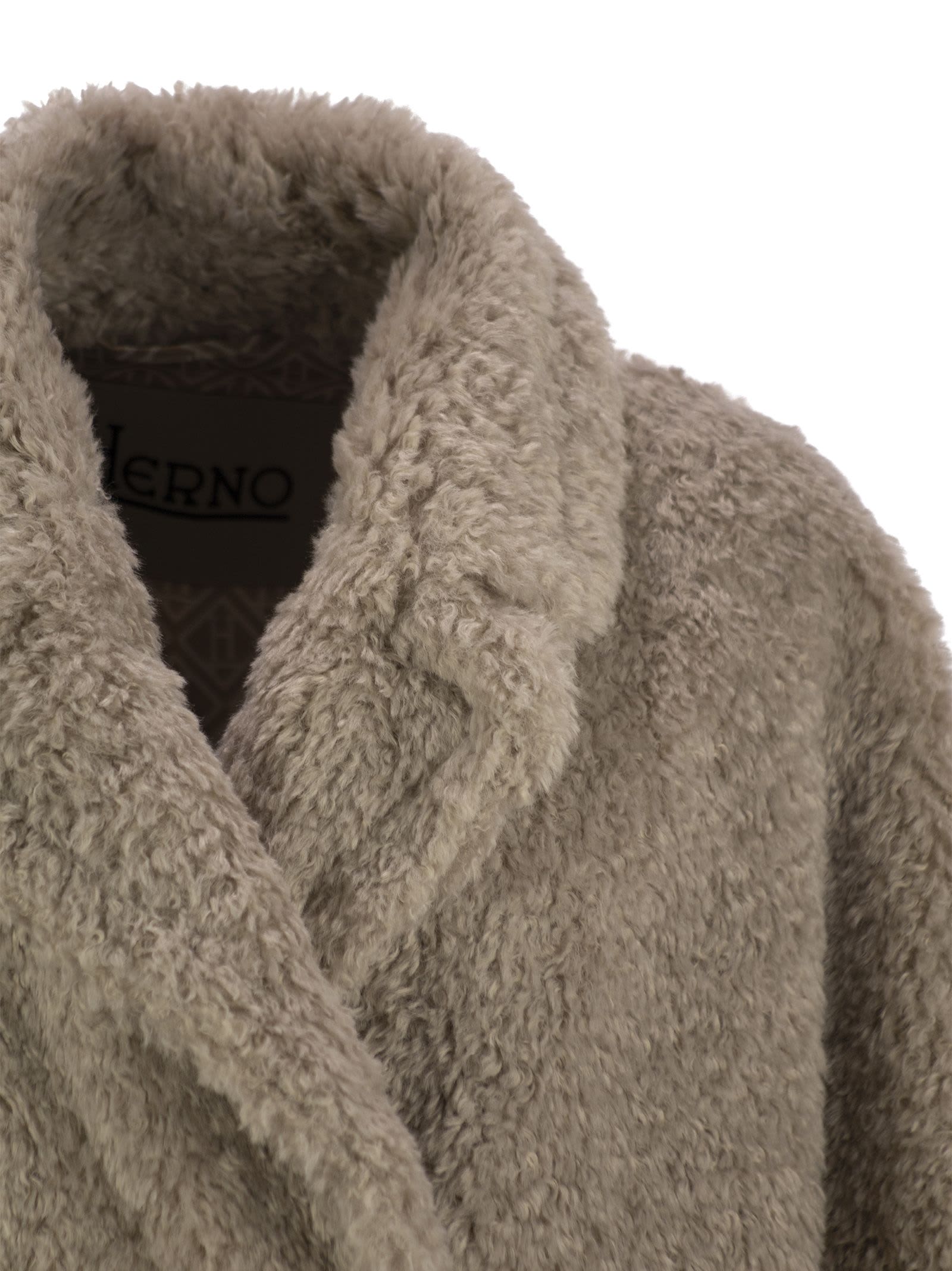 Shop Herno Curly Faux Fur Coat In Beige