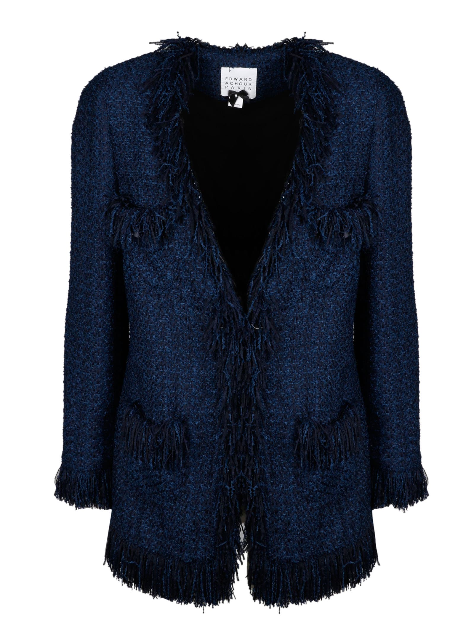 Edward Achour Paris Tweed Coat With Fringes In Blue