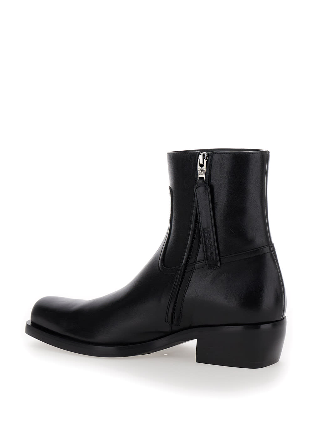 Versace Black Leather Ankle Boots In Black
