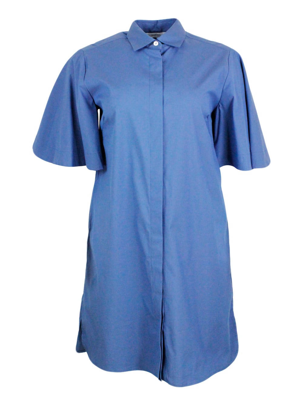 Barba Napoli Short 3/4 Sleeve Dress In Stretch Cotton With Concealed Button Placket In Blu Light
