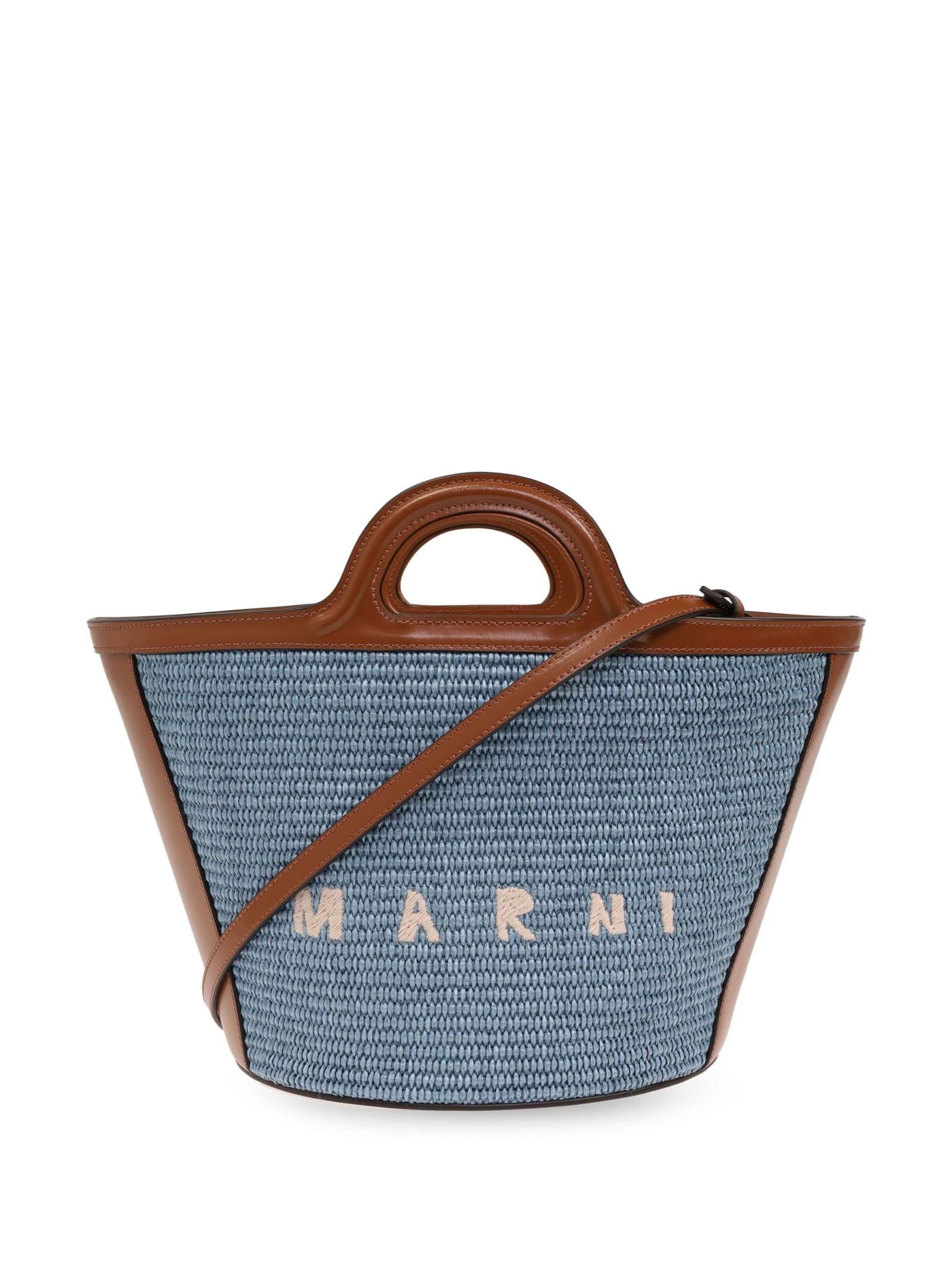 Small Tropicalia Summer Bag In Brown Leather And Light Blue Raffia