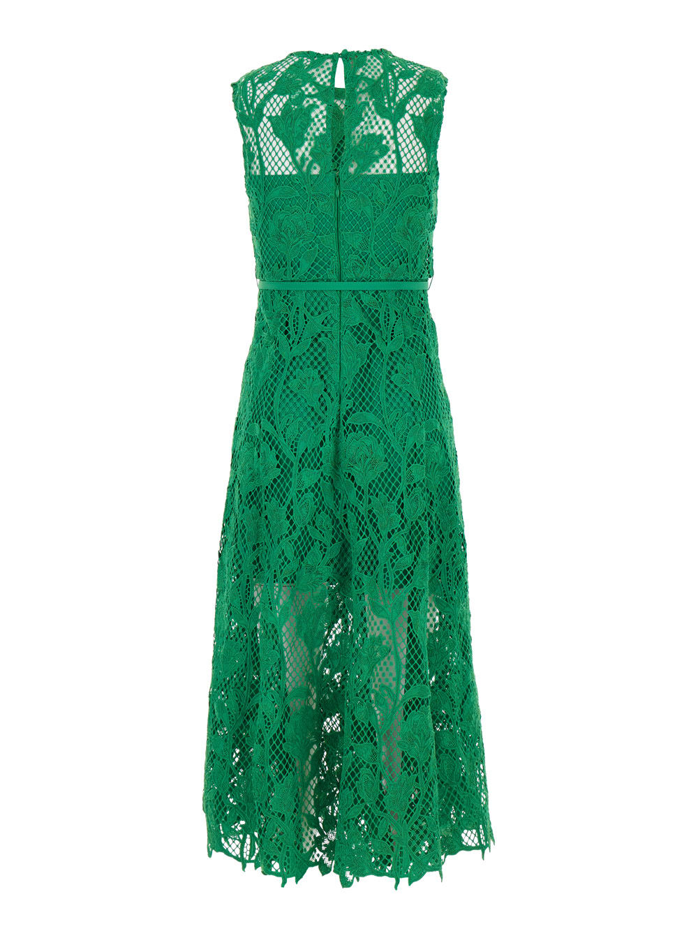 Shop Self-portrait Midi Green Dress With All-over Embroideries In Lace Woman