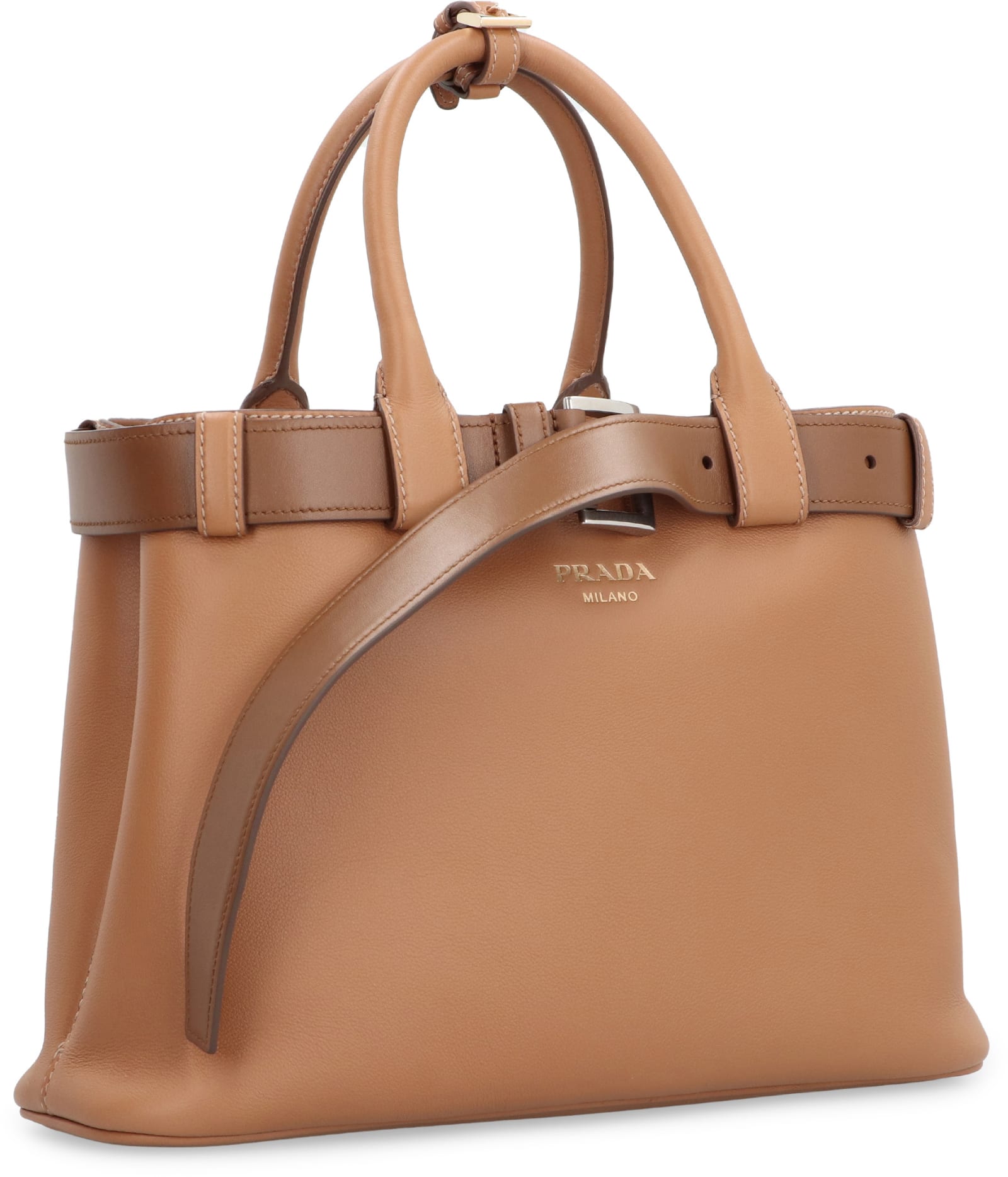 Prada Buckle Leather Bag In Saddle Brown